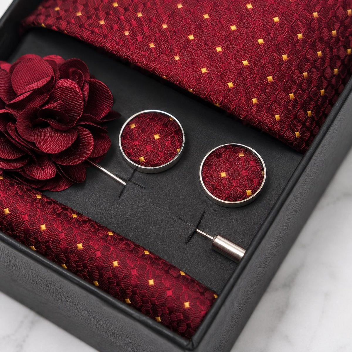 Burgundy & Gold Micro Dot Silk Tie Set / 4-Piece