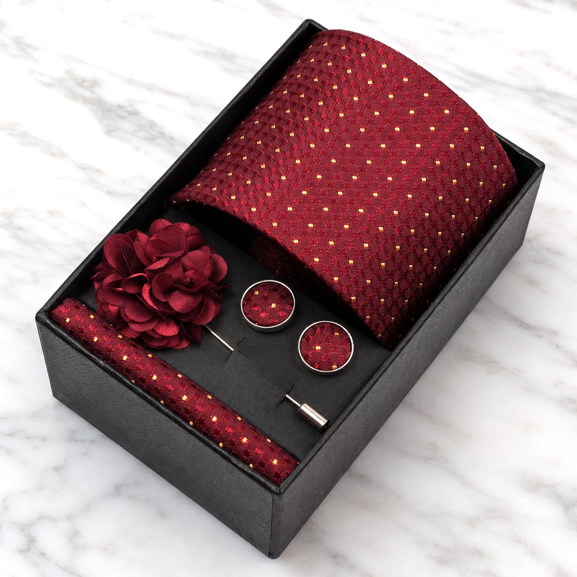 Burgundy & Gold Micro Dot Silk Tie Set / 4-Piece
