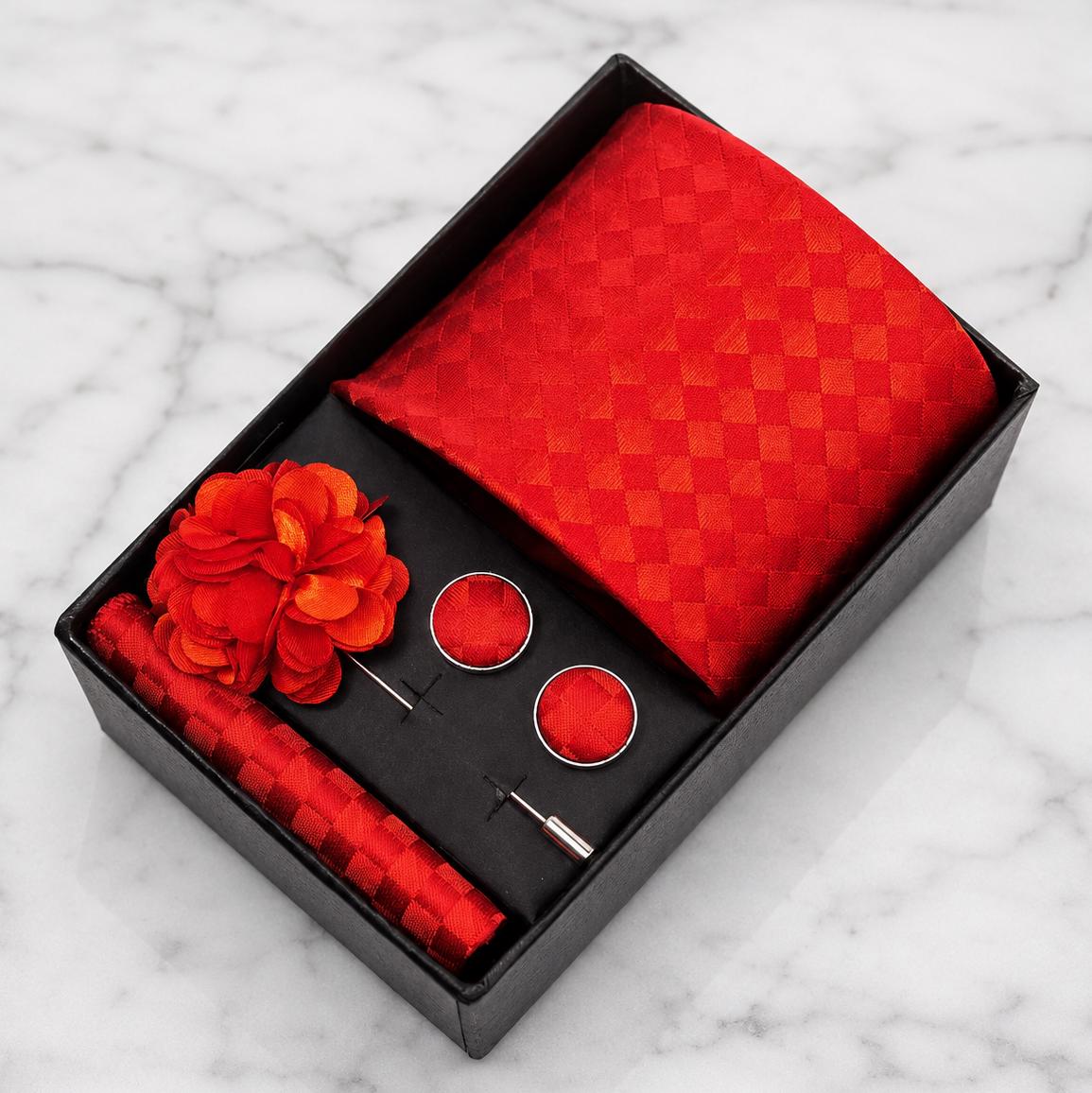Red Tonal Check Silk Tie Set / 4-Piece