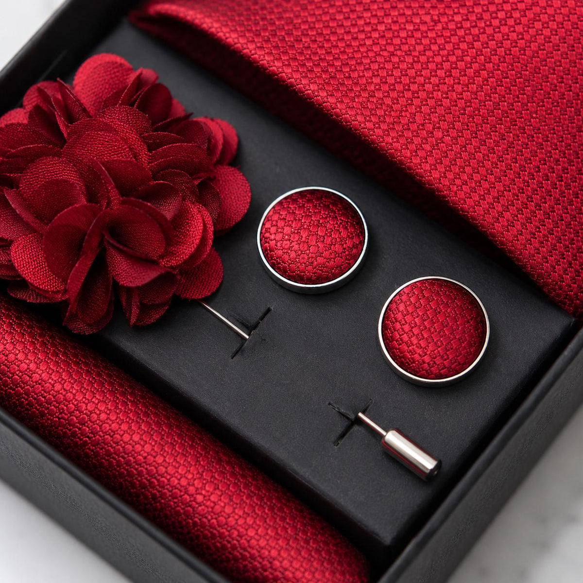 Burgundy Textured Silk Tie Set / 4-Piece