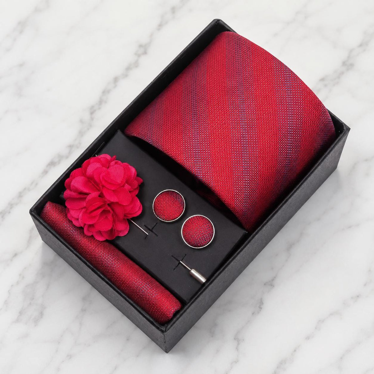 Textured Crimson Red & Soft Navy Stripe Tie Set / 4-Piece