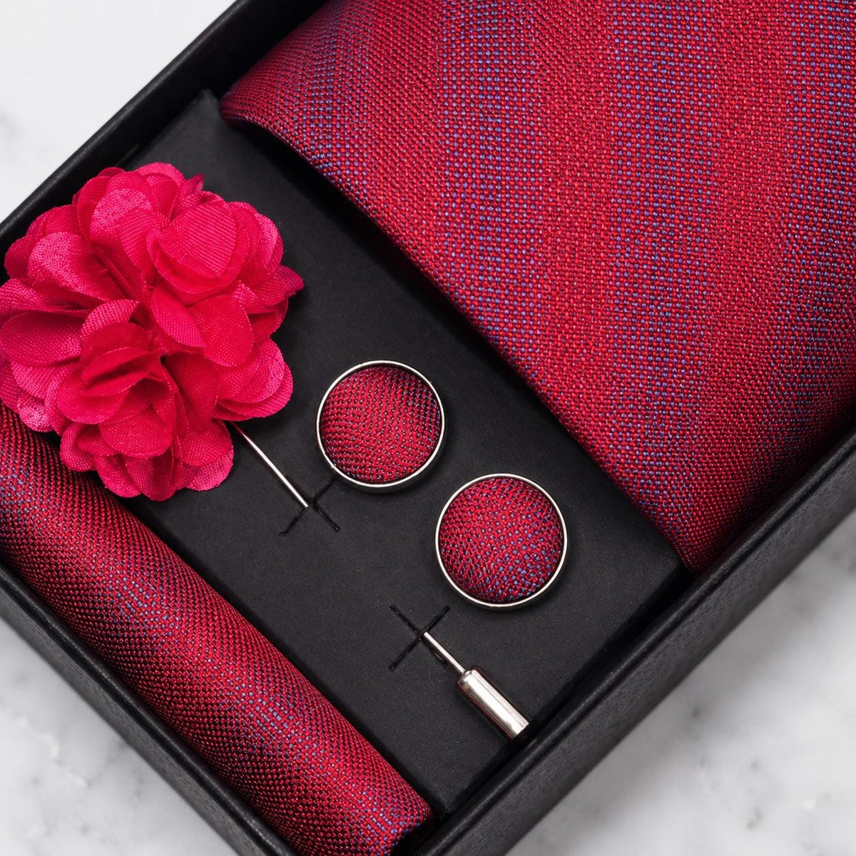 Textured Crimson Red & Soft Navy Stripe Tie Set / 4-Piece