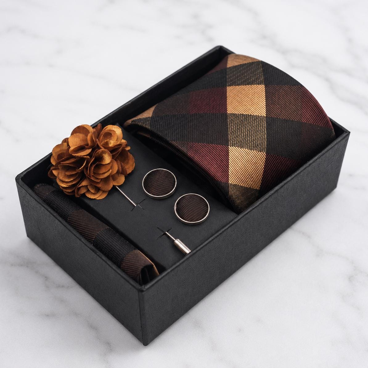 Tonal Brown & Golden Tan Plaid Tie Set / 4-Piece