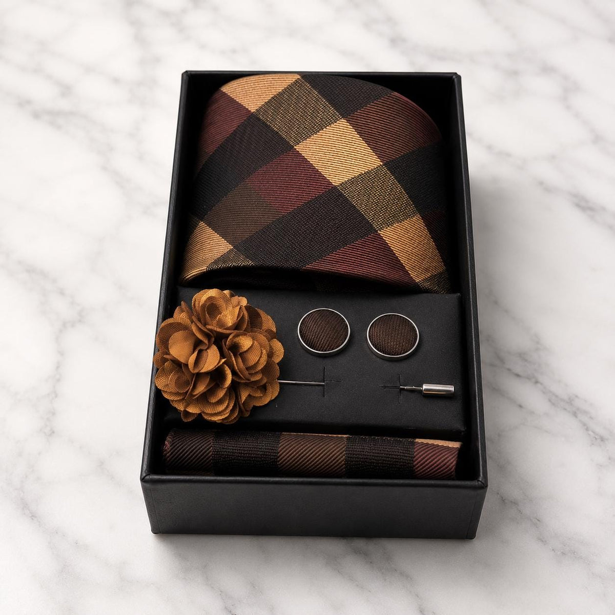 Tonal Brown & Golden Tan Plaid Tie Set / 4-Piece