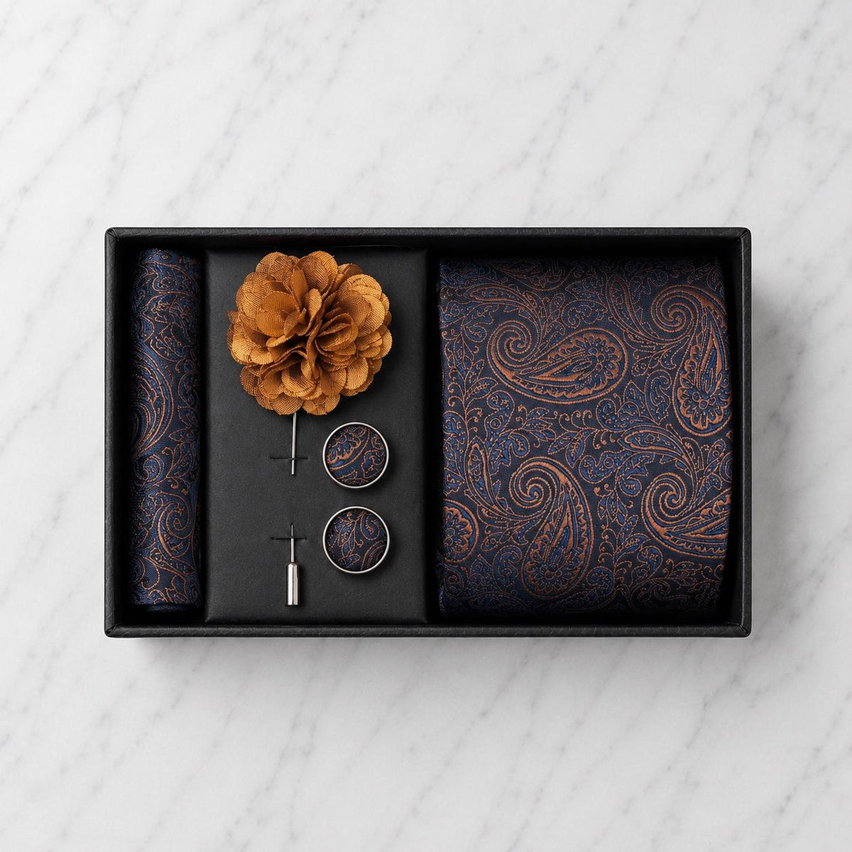 Navy Blue & Copper Brown Paisley Silk Tie Set / 4-Piece