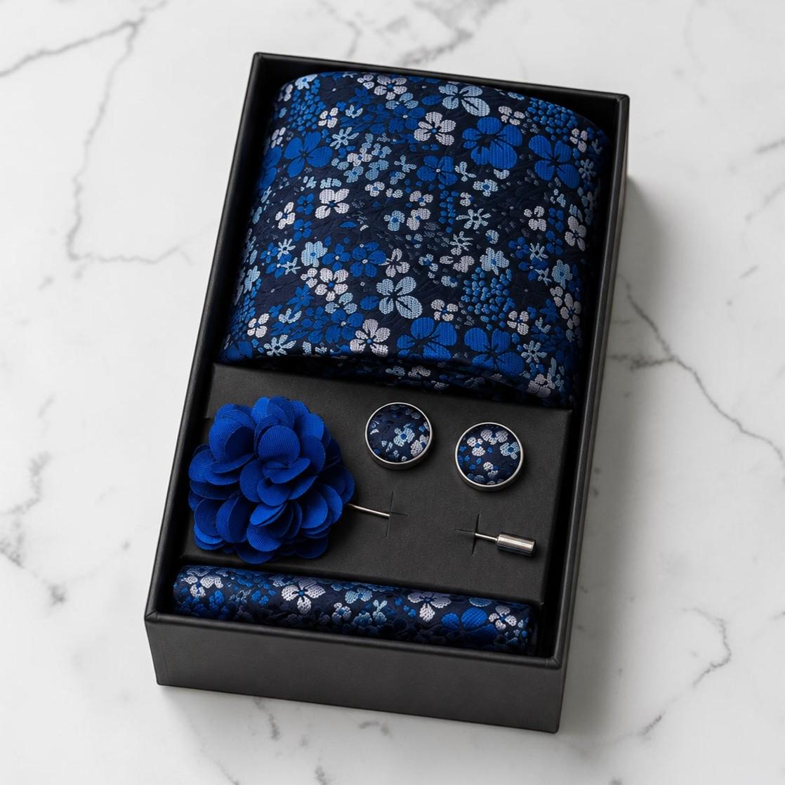 Shades of Blue & Silver Floral Silk Tie Set / 4-Piece