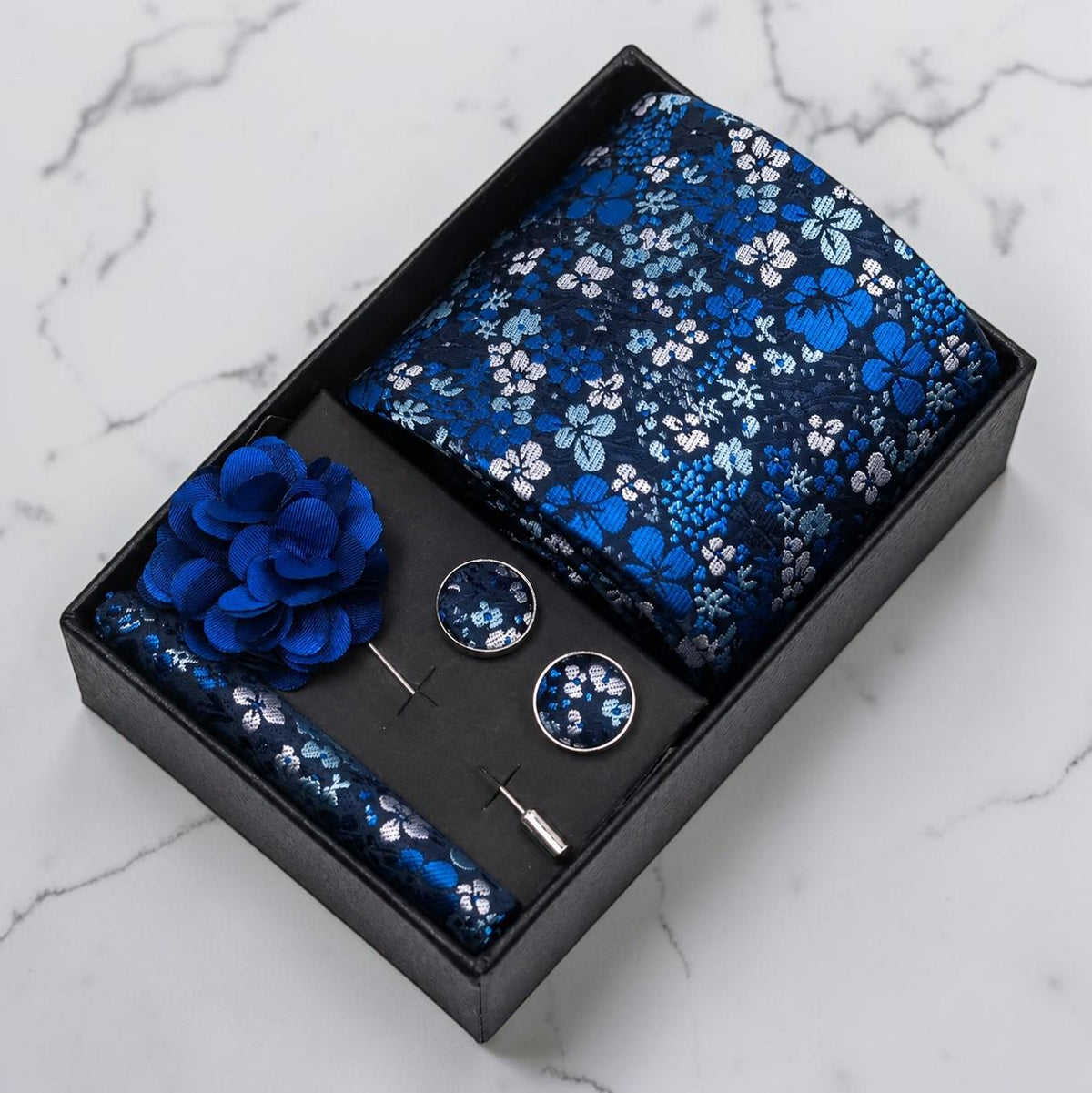 Shades of Blue & Silver Floral Silk Tie Set / 4-Piece