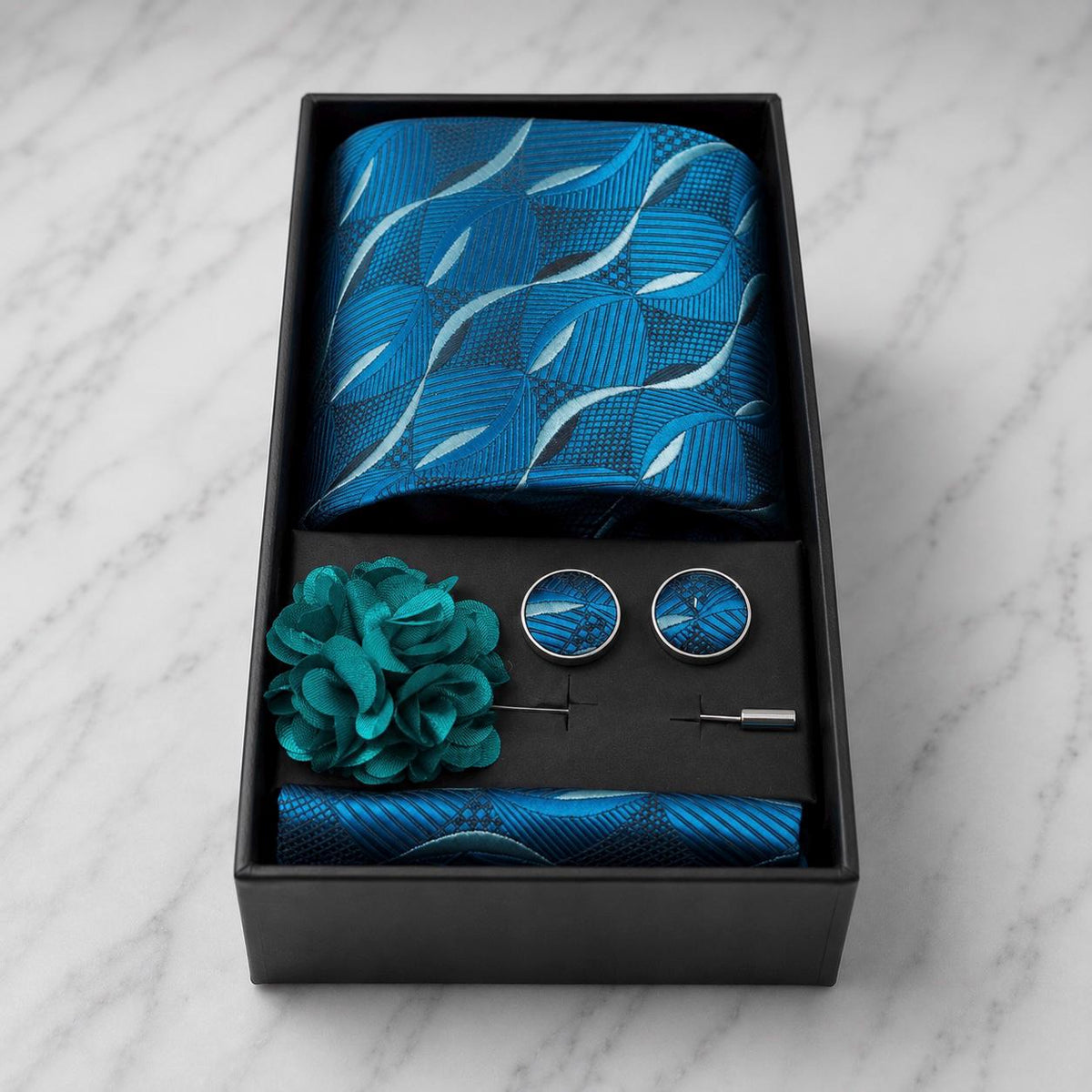Blue Teal, Green Teal & Black Abstract Silk Tie Set / 4-Piece