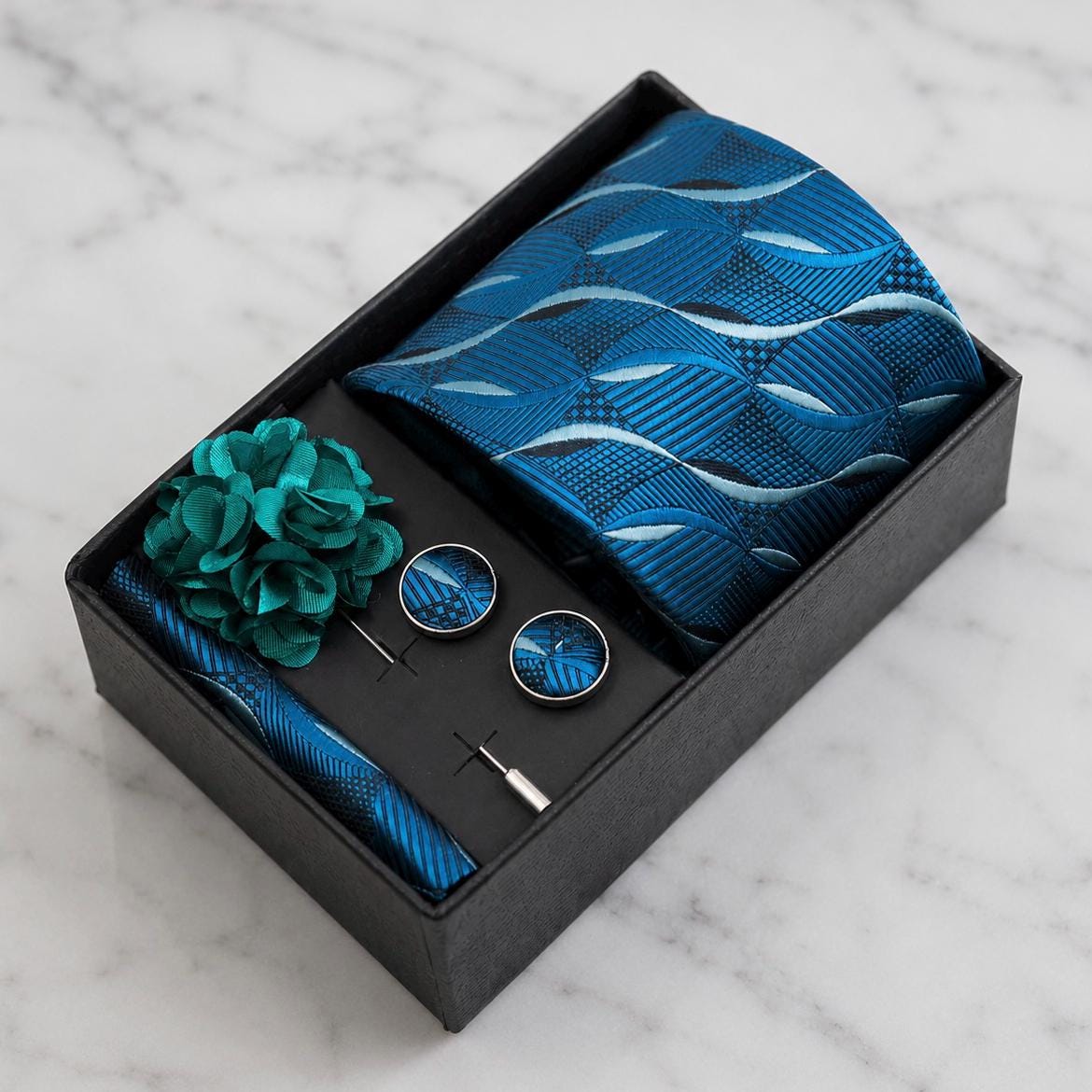 Blue Teal, Green Teal & Black Abstract Silk Tie Set / 4-Piece