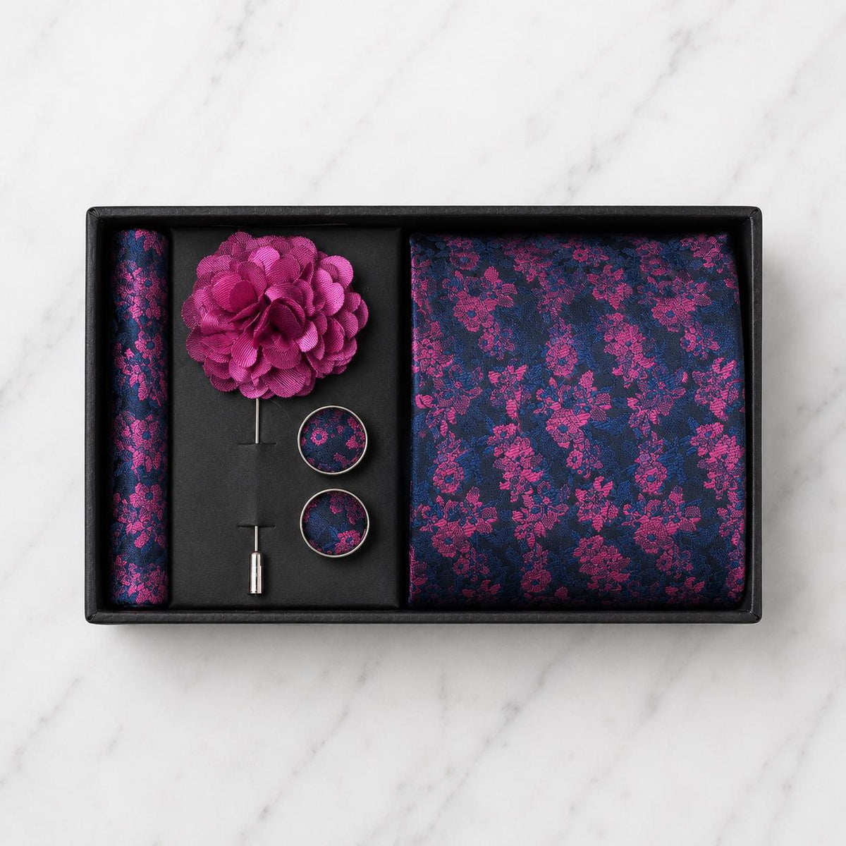 Navy Blue & Magenta Floral Silk Tie Set / 4-Piece