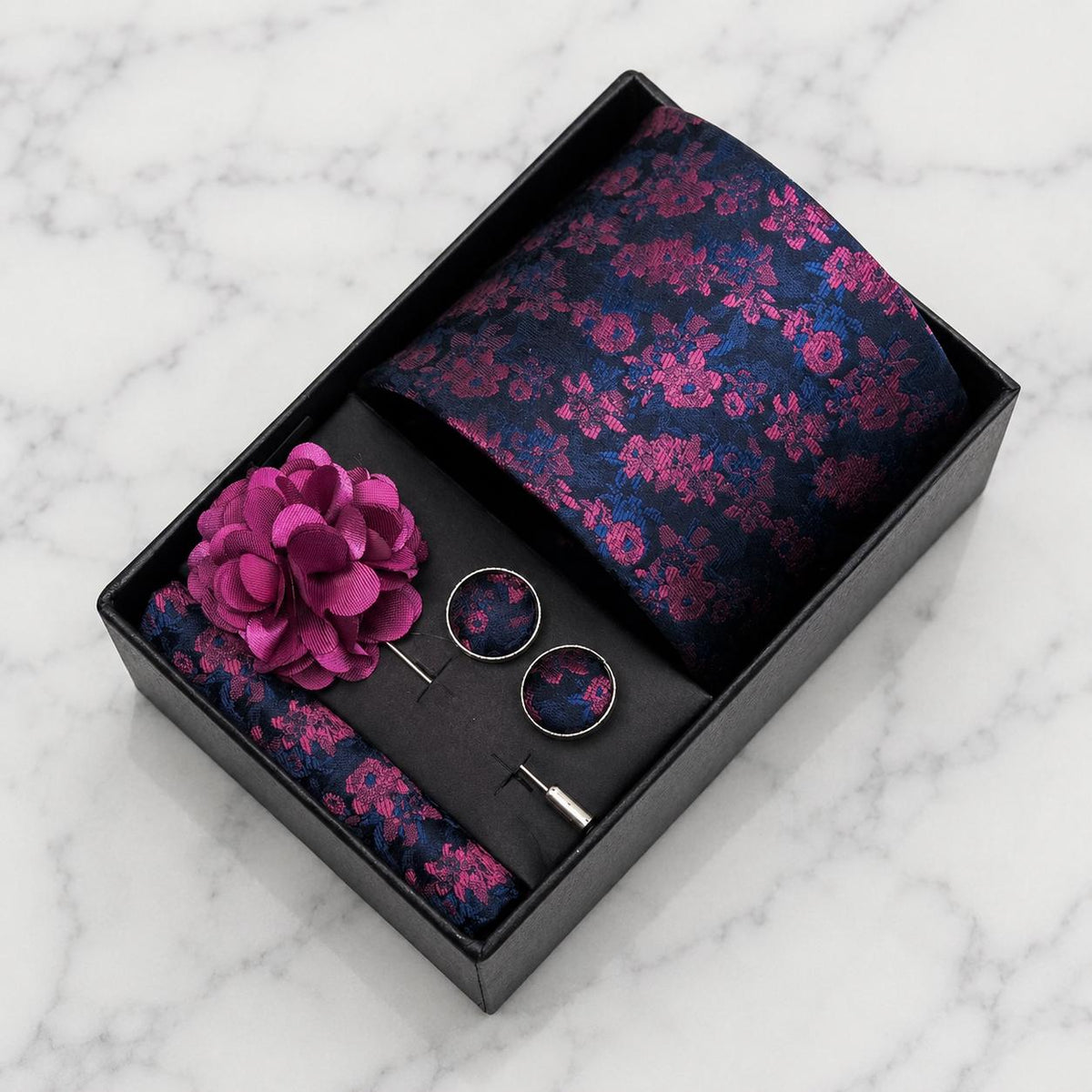 Navy Blue & Magenta Floral Silk Tie Set / 4-Piece