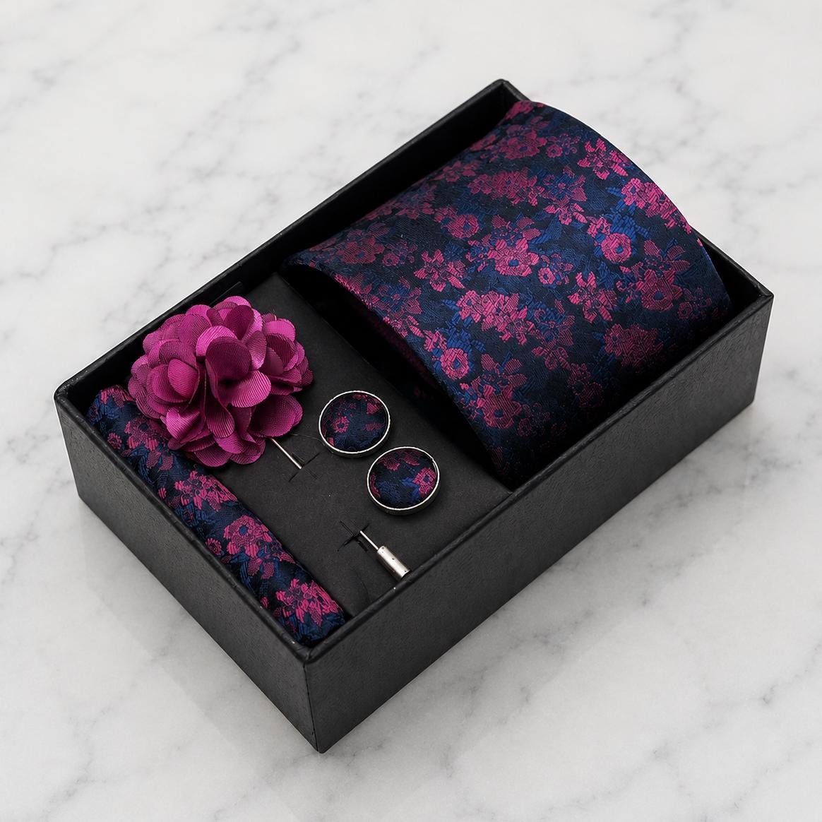 Navy Blue & Magenta Floral Silk Tie Set / 4-Piece