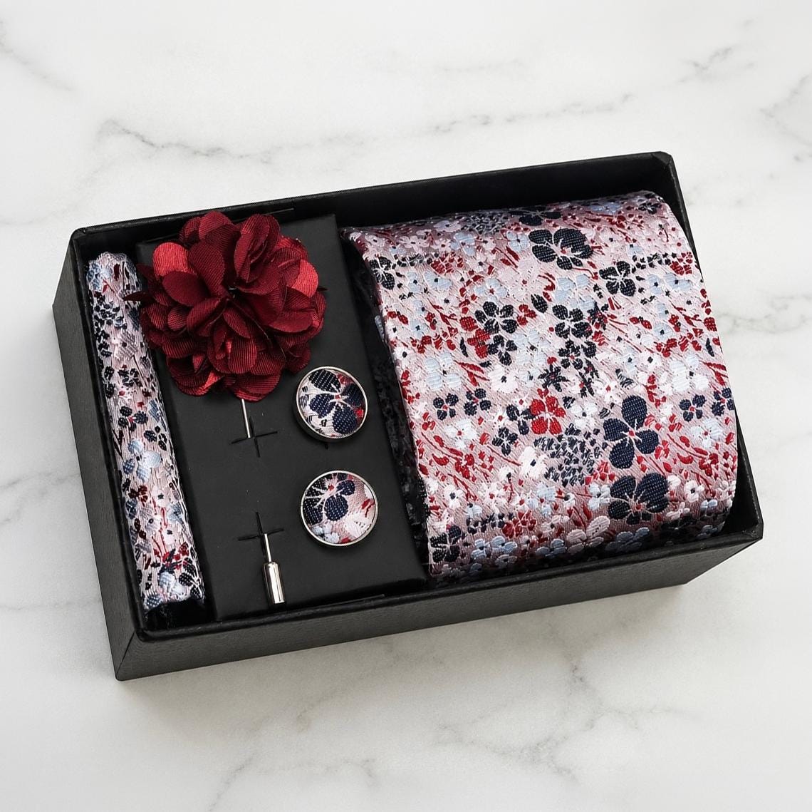 White, Navy & Burgundy Floral Silk Tie Set / 4-Piece
