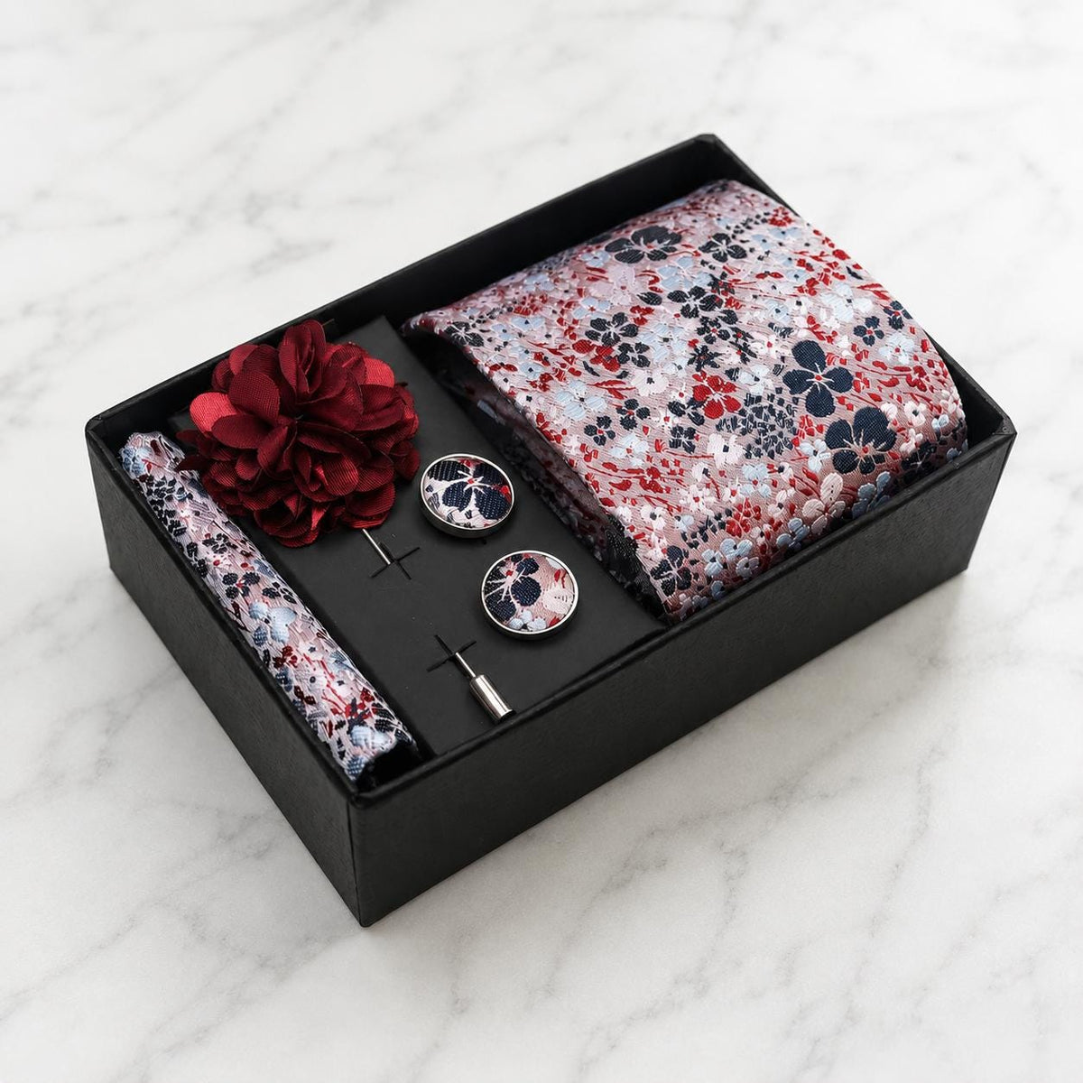 White, Navy & Burgundy Floral Silk Tie Set / 4-Piece