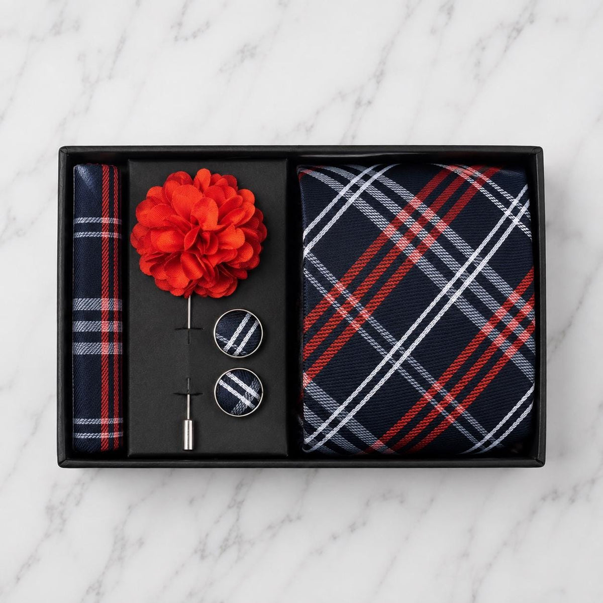 Navy Blue, Red & White Check Silk Tie Set / 4-Piece