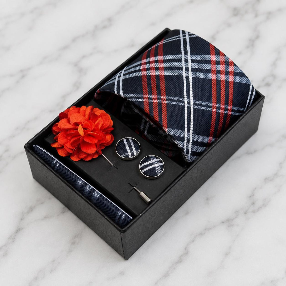 Navy Blue, Red & White Check Silk Tie Set / 4-Piece