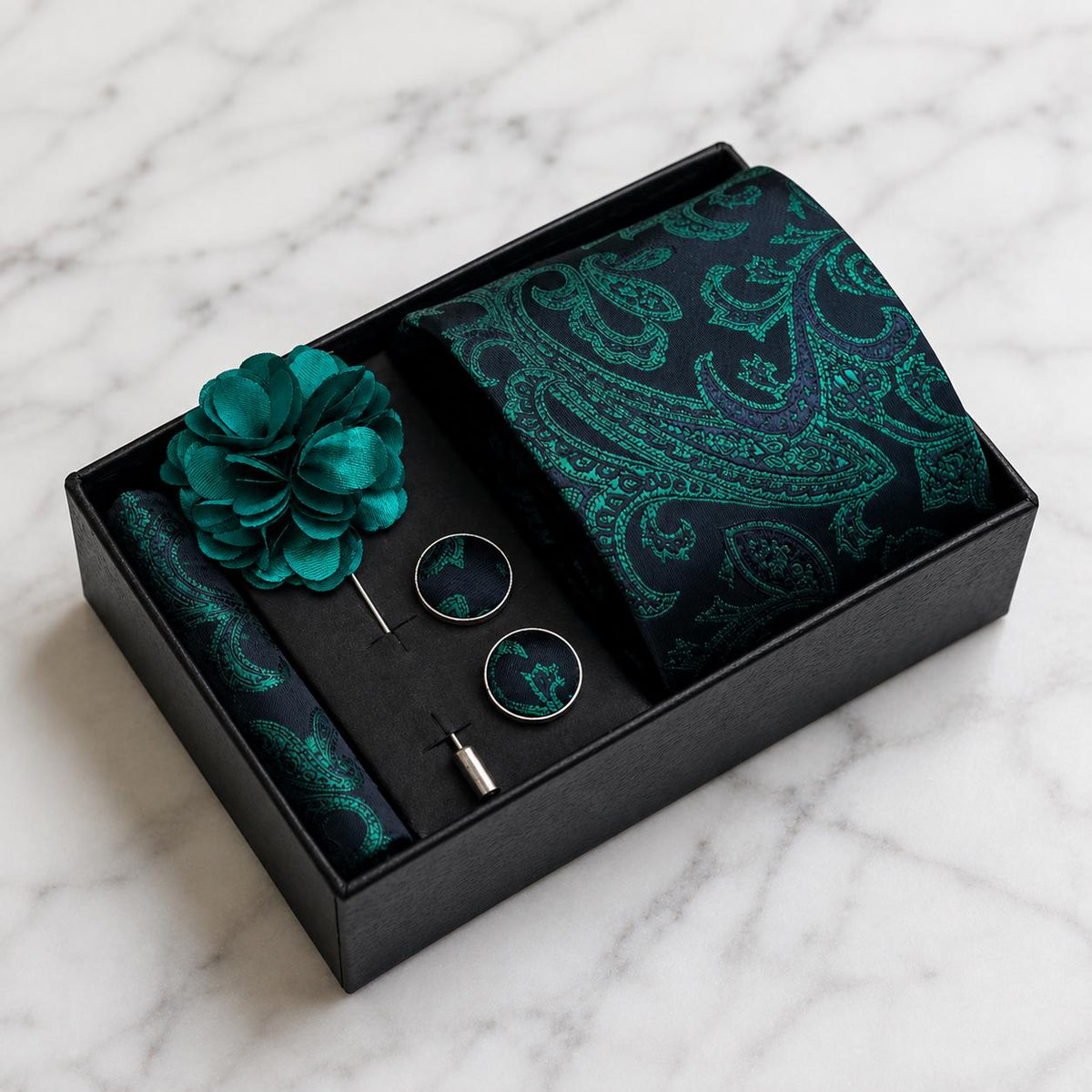 Navy Blue & Emerald Green Paisley Silk Tie Set / 4-Piece