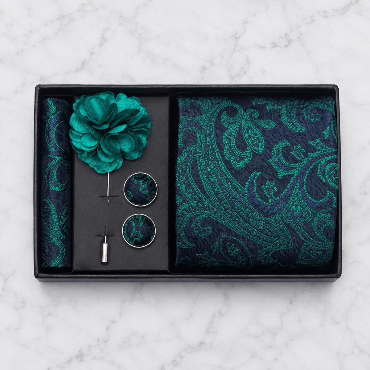 Navy Blue & Emerald Green Paisley Silk Tie Set / 4-Piece