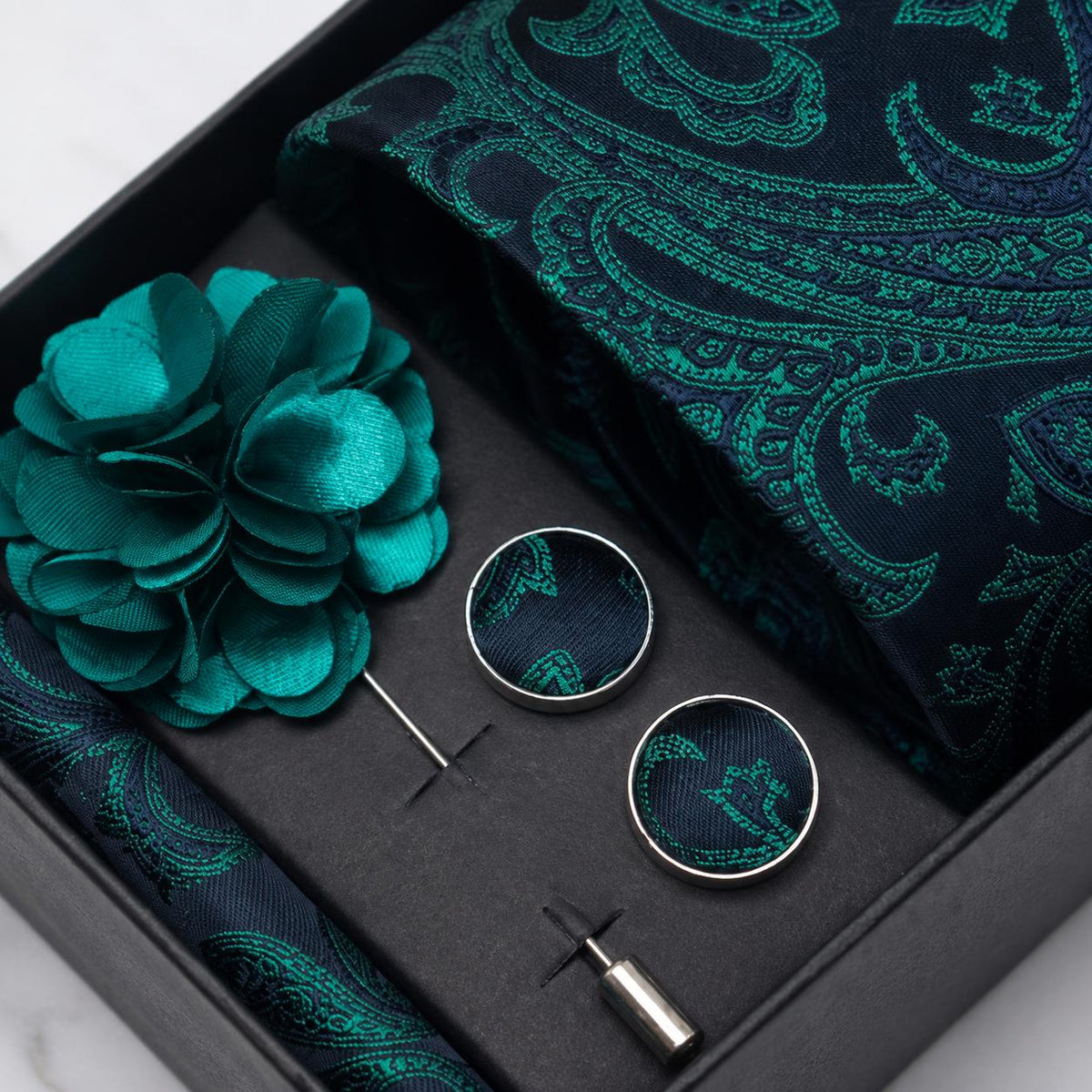 Navy Blue & Emerald Green Paisley Silk Tie Set / 4-Piece