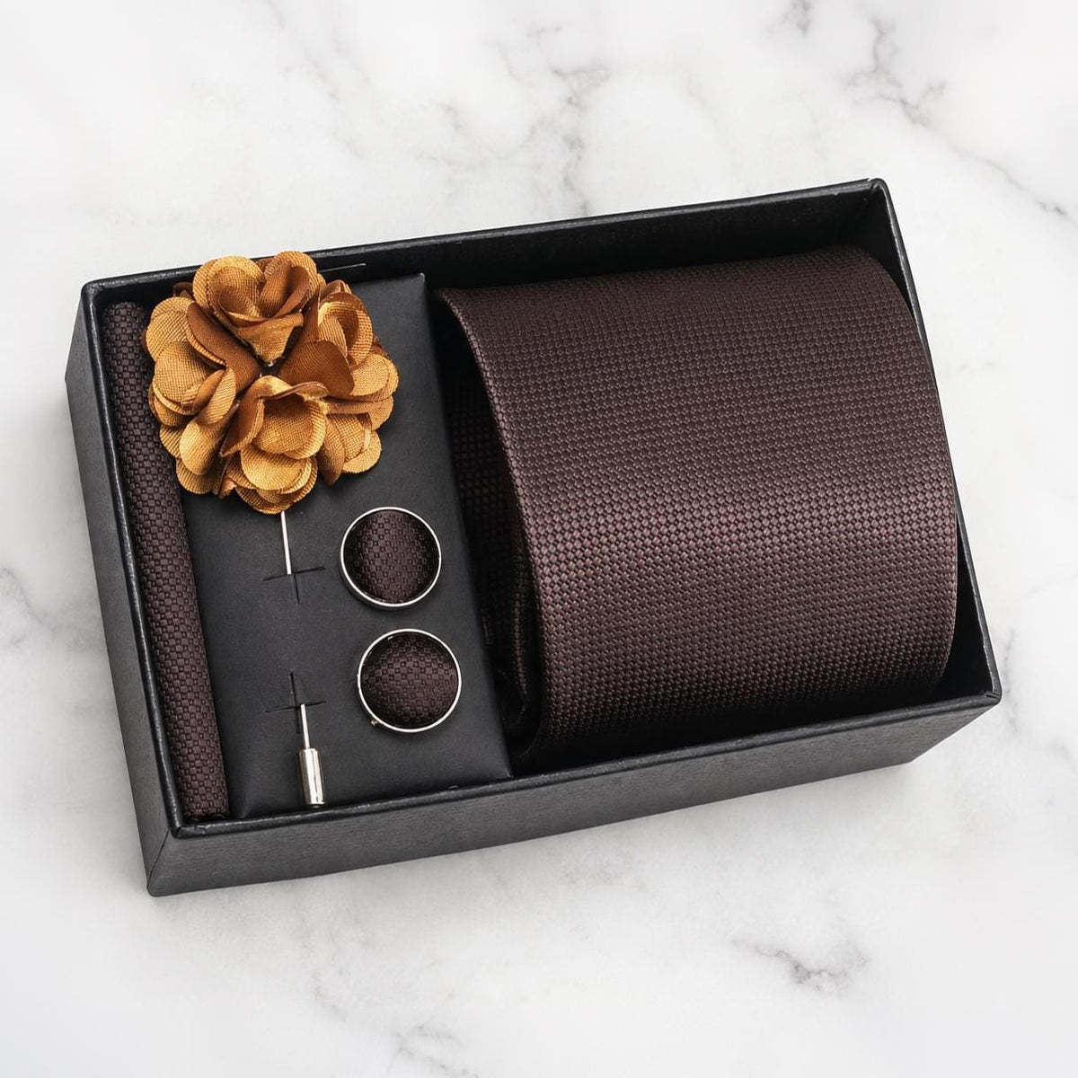 Chocolate Brown Textured Silk Tie Set / 4-Piece