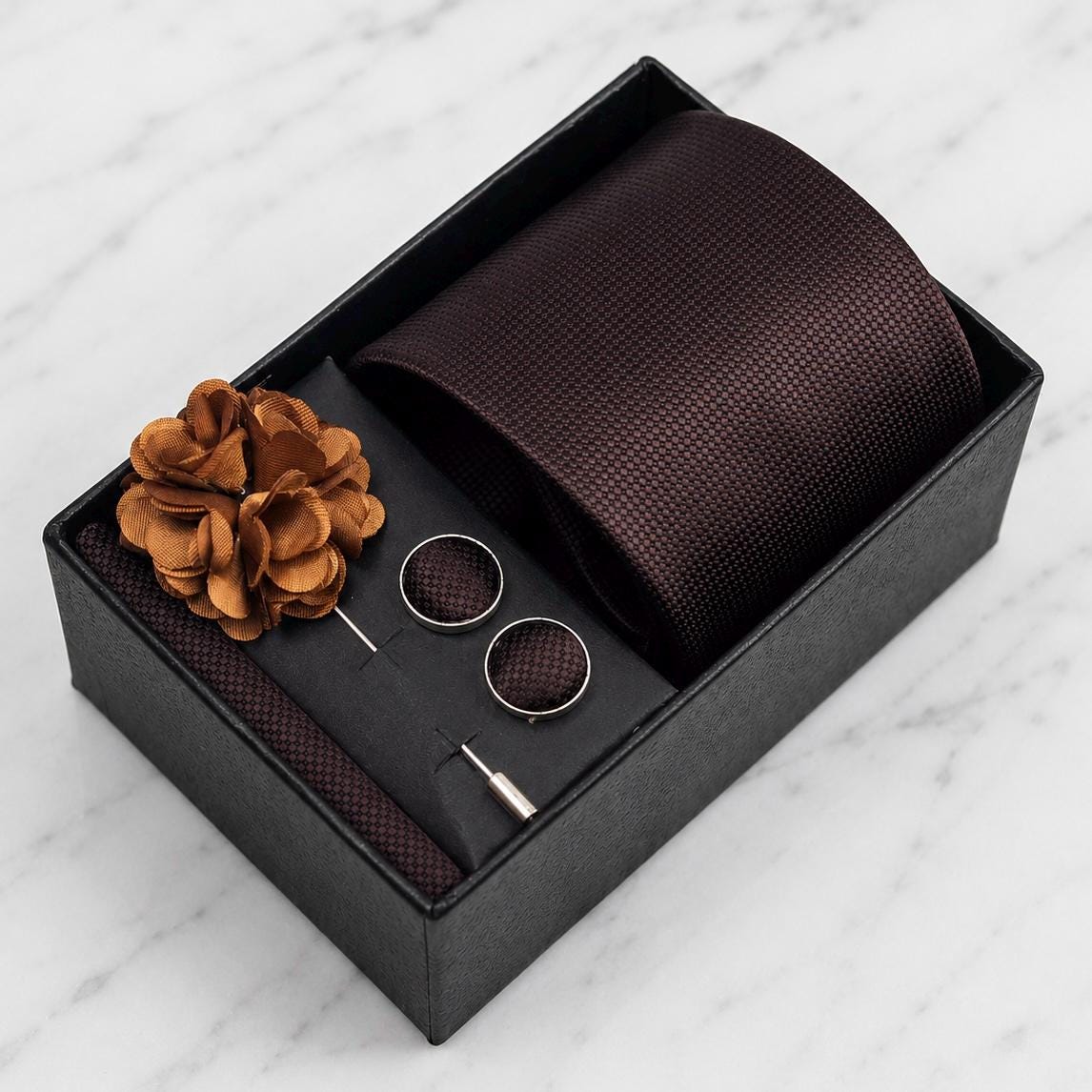 Chocolate Brown Textured Silk Tie Set / 4-Piece