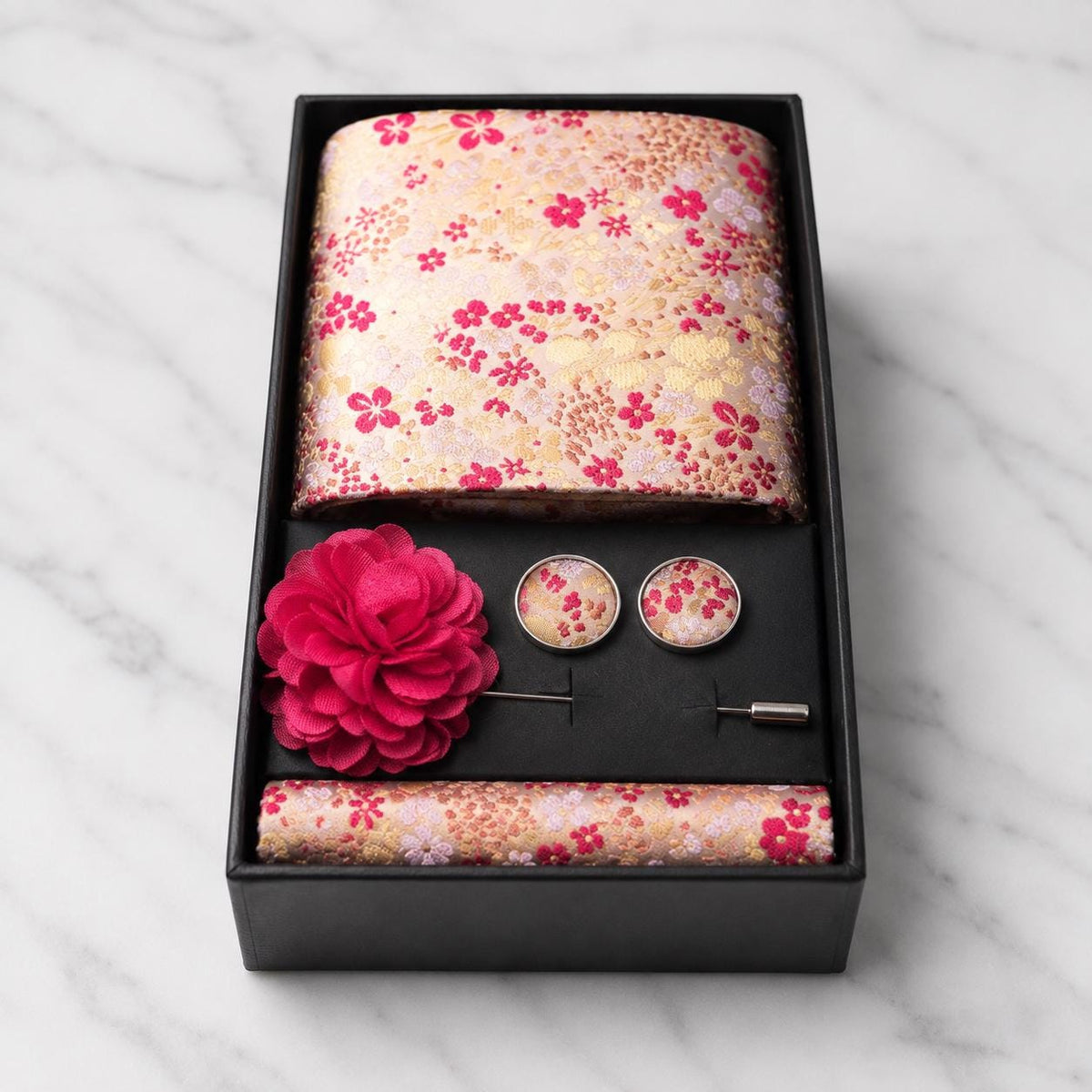 Champagne Gold, Red & Blush Floral Silk Tie Set / 4-Piece
