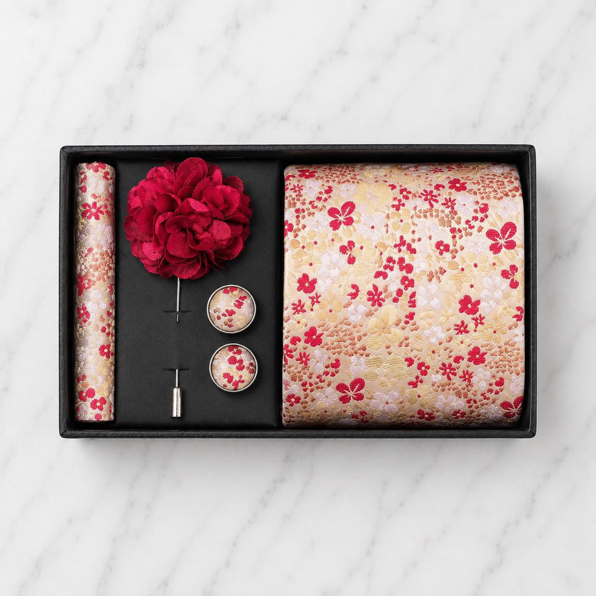 Champagne Gold, Red & Blush Floral Silk Tie Set / 4-Piece