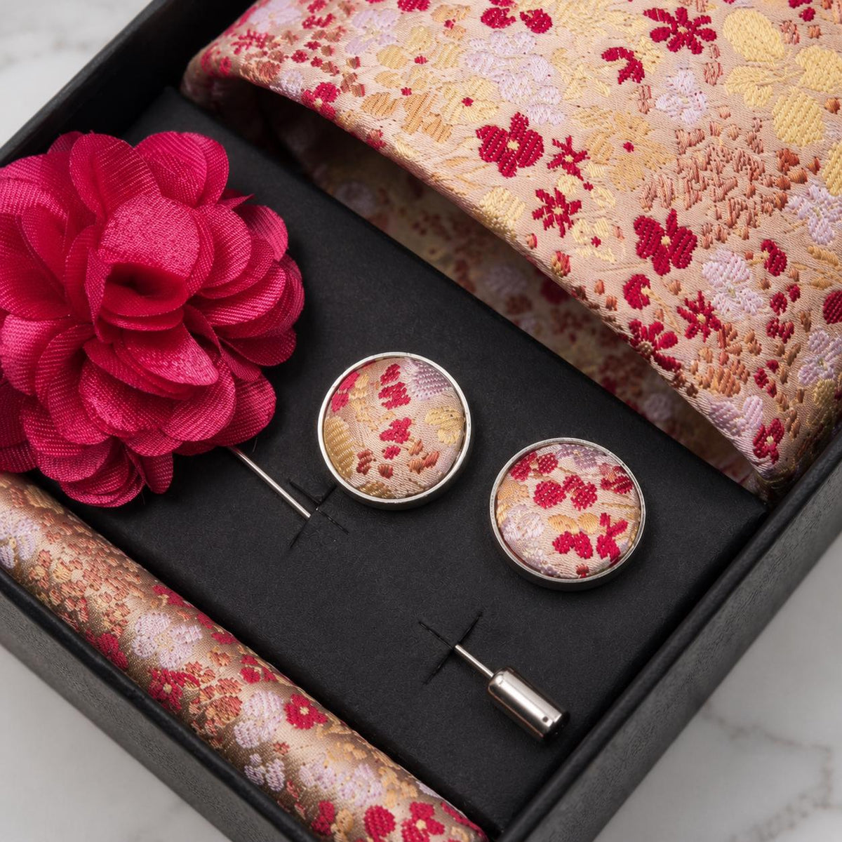 Champagne Gold, Red & Blush Floral Silk Tie Set / 4-Piece