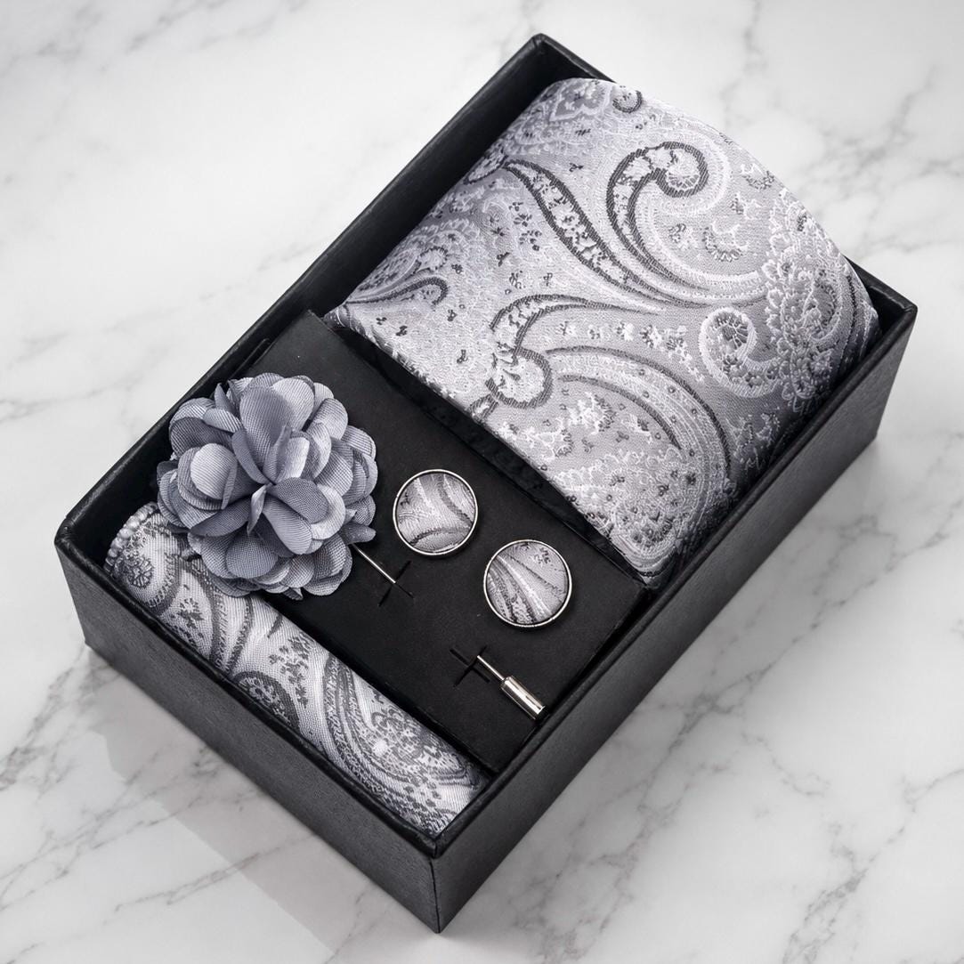 Silver & Grey Paisley Silk Tie Set / 4-Piece