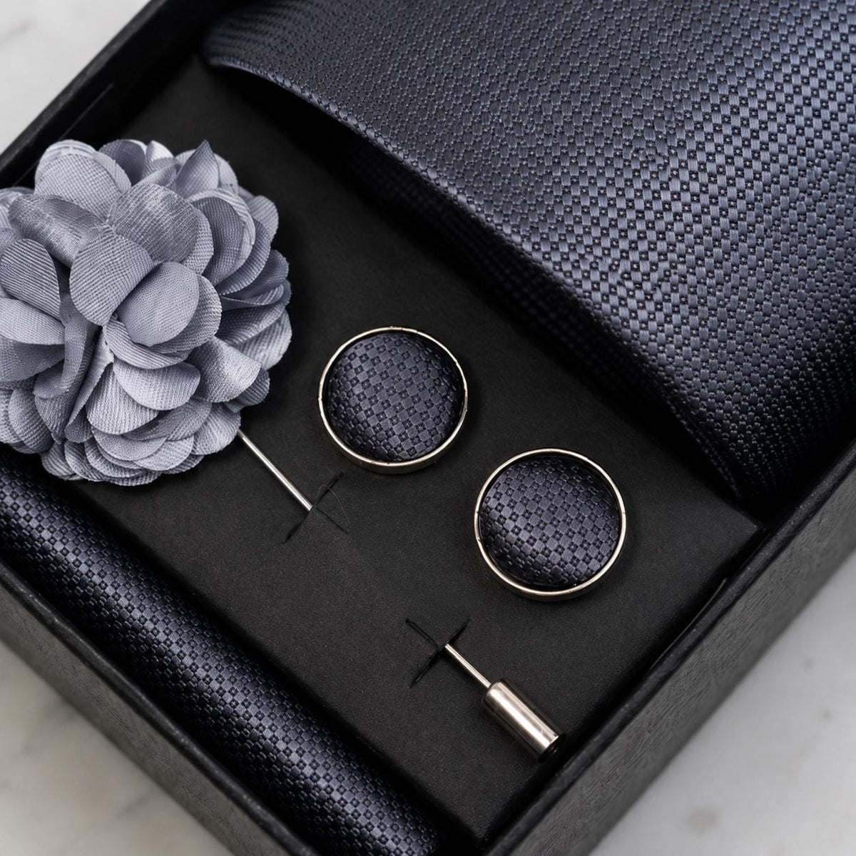 Charcoal Grey Textured Silk Tie Set / 4-Piece