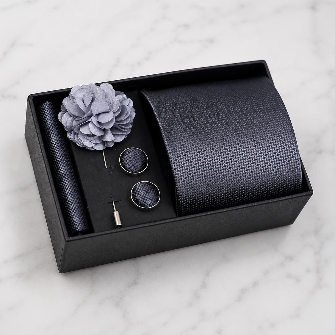 Charcoal Grey Textured Silk Tie Set / 4-Piece