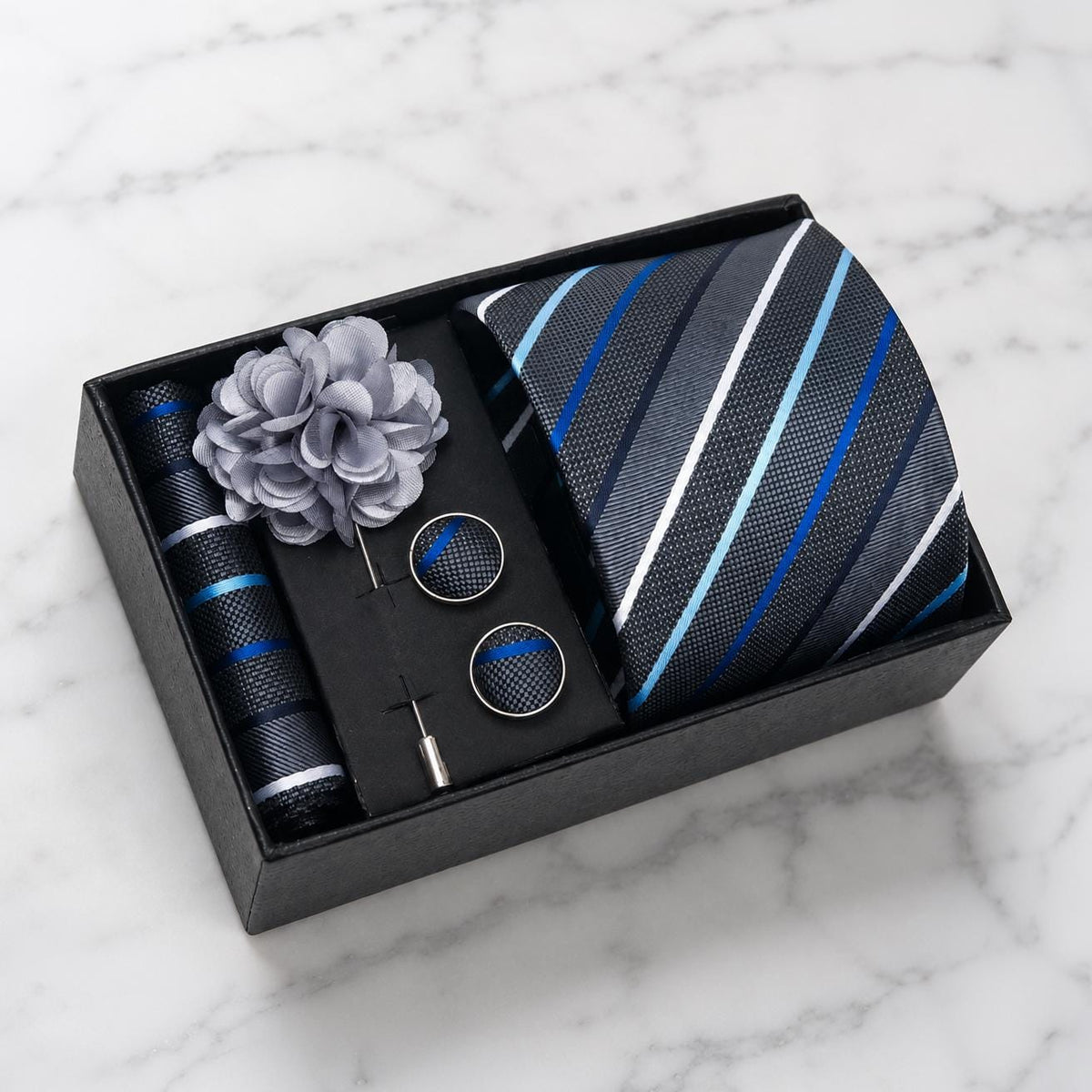Charcoal Grey, Blue & Silver Striped Silk Tie Set / 4-Piece