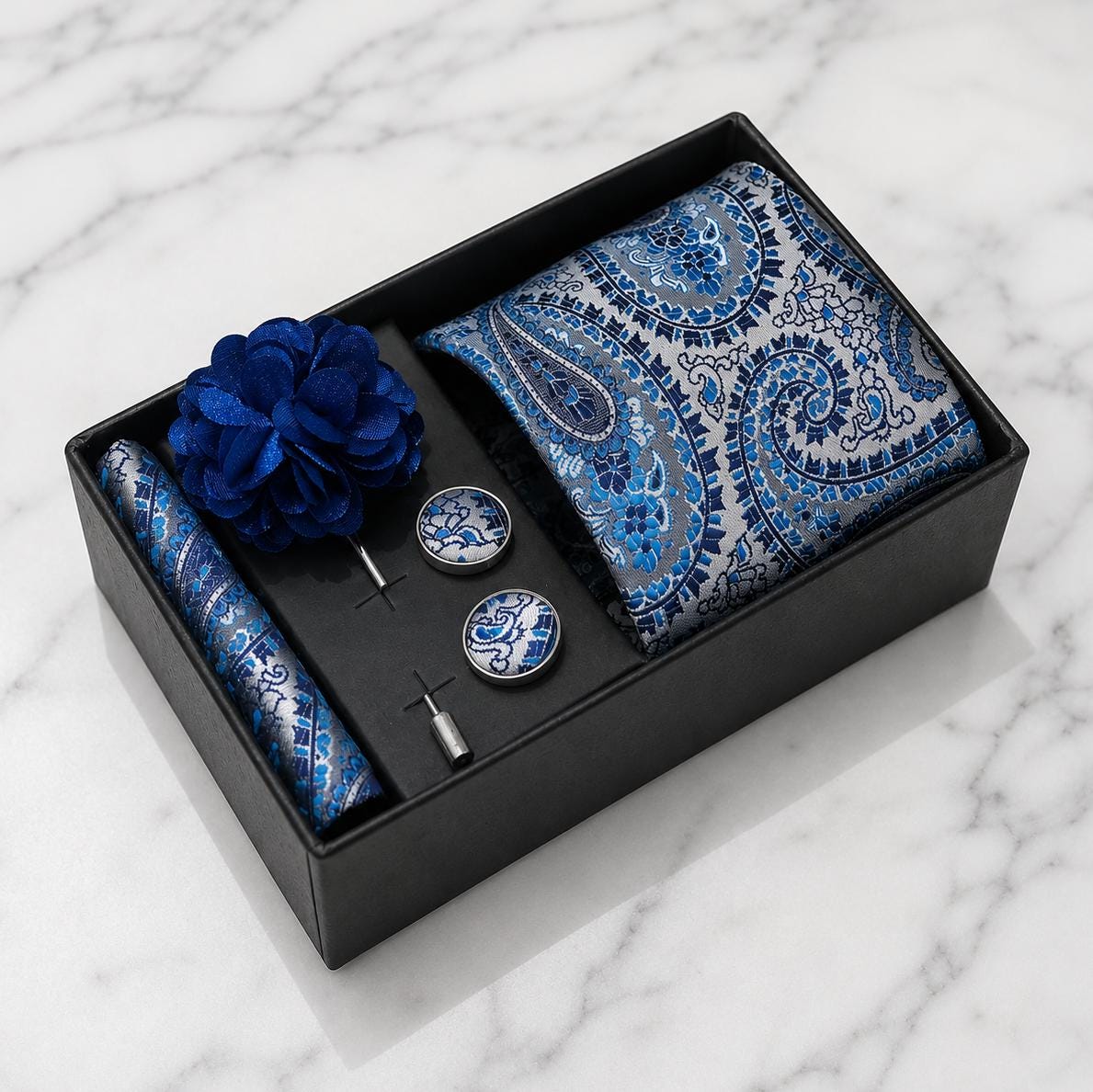 Silver & Shades of Blue Paisley Silk Tie Set / 4-Piece