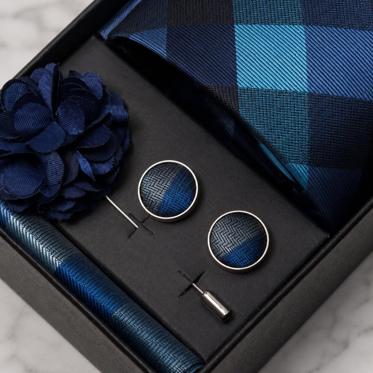 Shades of Blue Check Silk Tie Set / 4-Piece