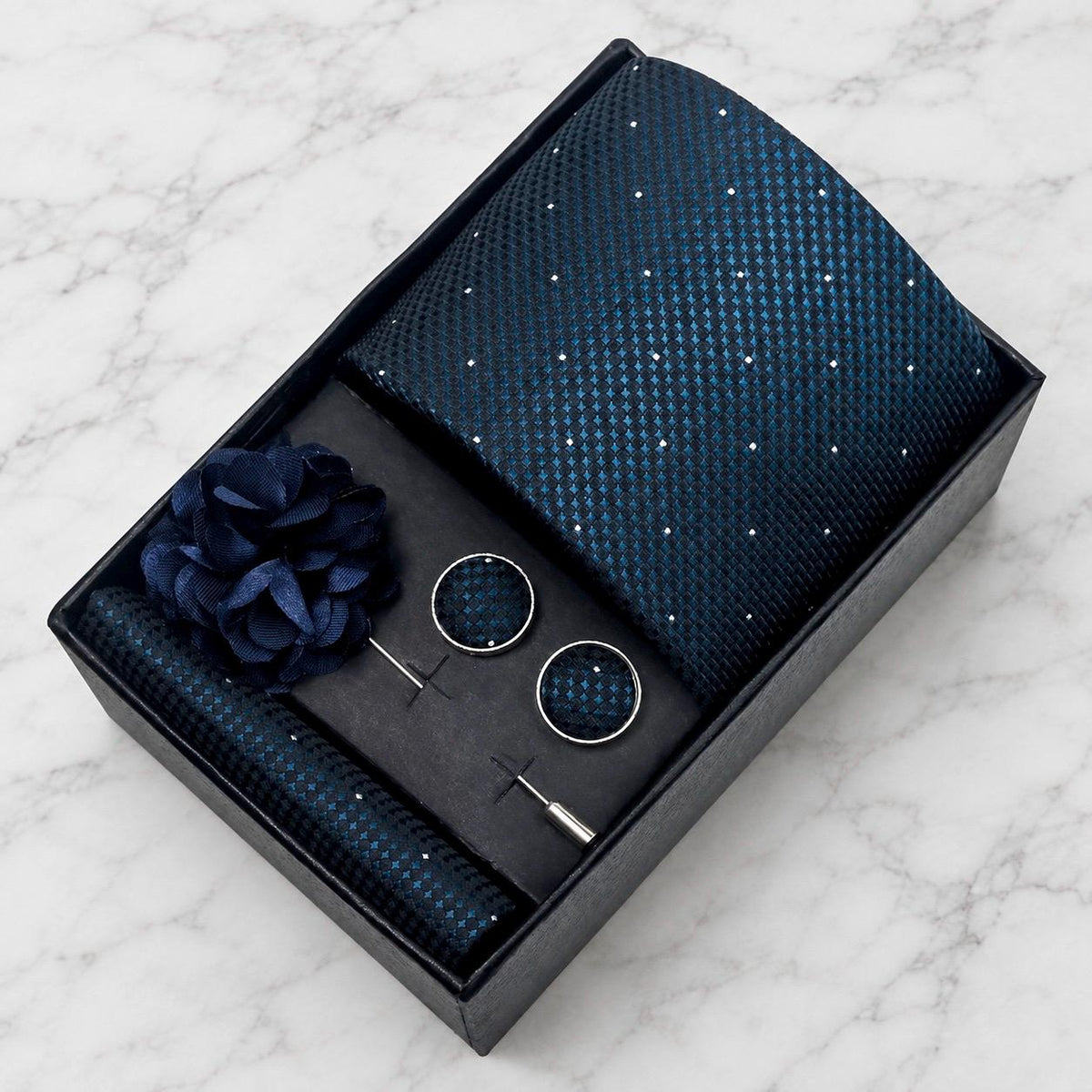Navy Blue & Teal Textured Polka Dot Silk Tie Set / 4-Piece