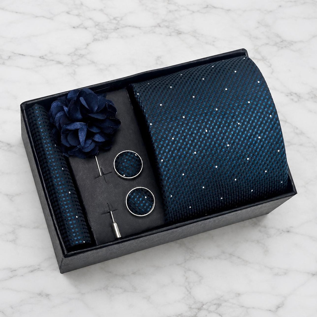 Navy Blue & Teal Textured Polka Dot Silk Tie Set / 4-Piece