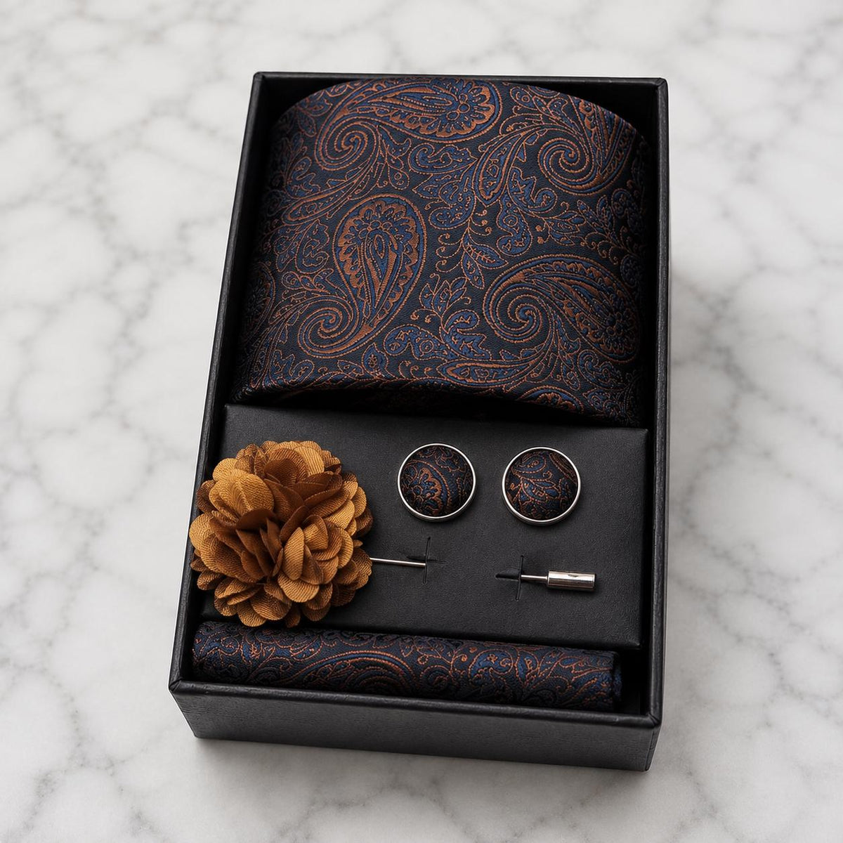 Navy Blue & Copper Brown Paisley Silk Tie Set / 4-Piece