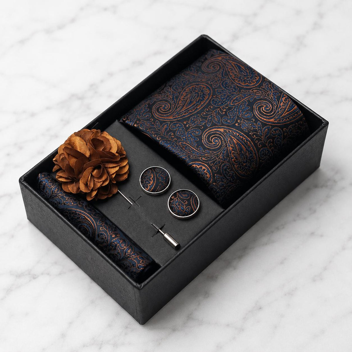 Navy Blue & Copper Brown Paisley Silk Tie Set / 4-Piece