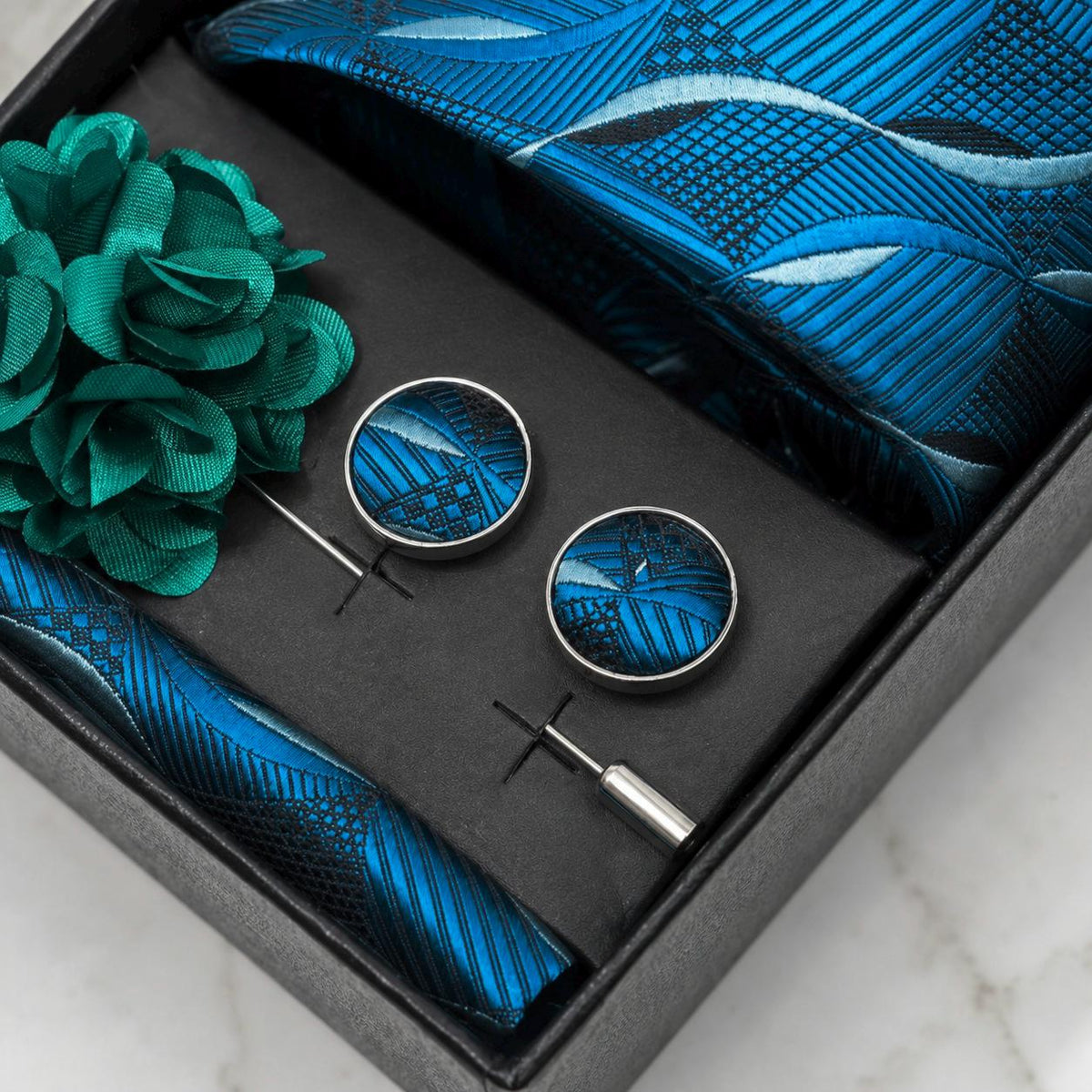 Blue Teal, Green Teal & Black Abstract Silk Tie Set / 4-Piece