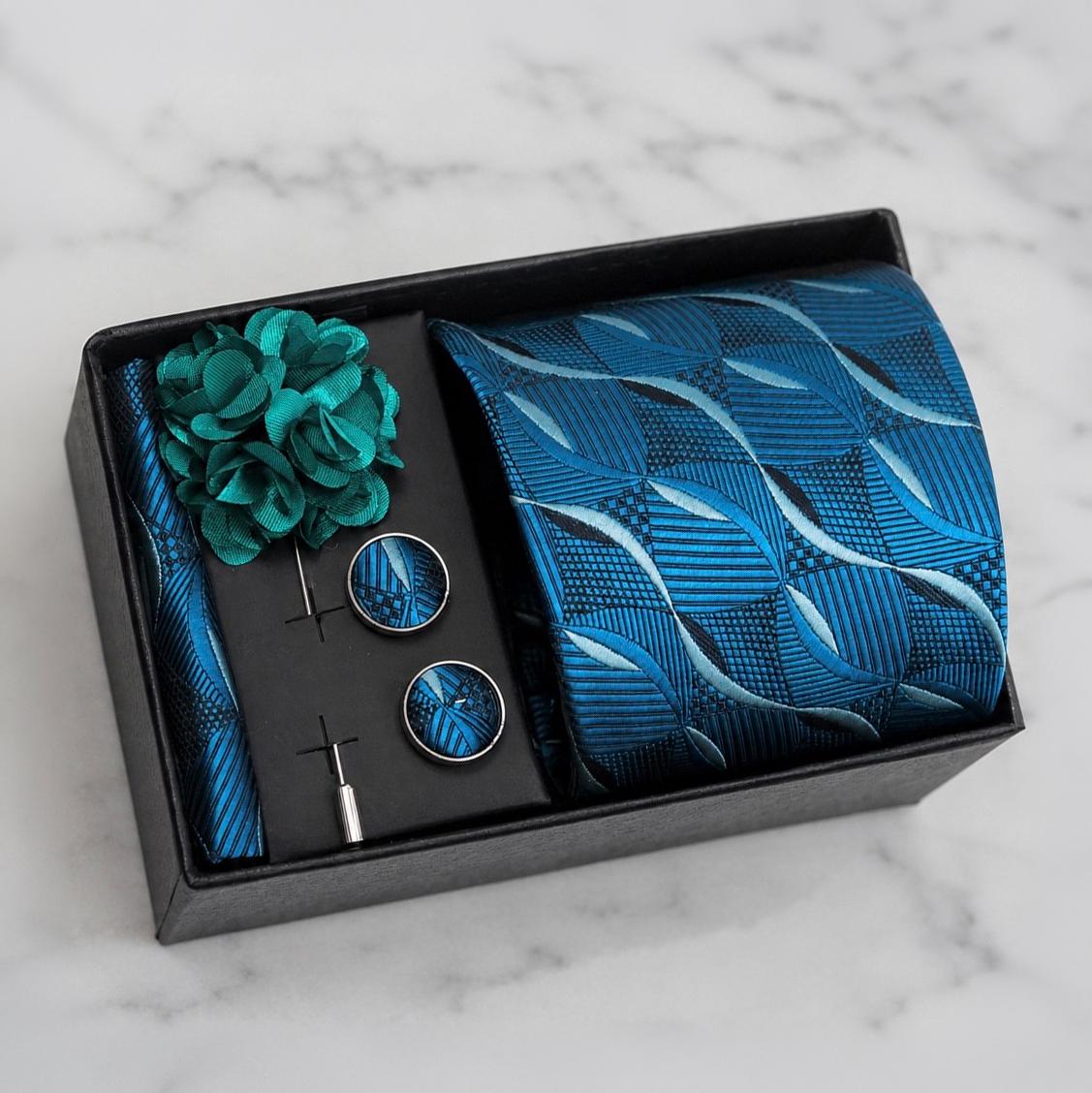 Blue Teal, Green Teal & Black Abstract Silk Tie Set / 4-Piece