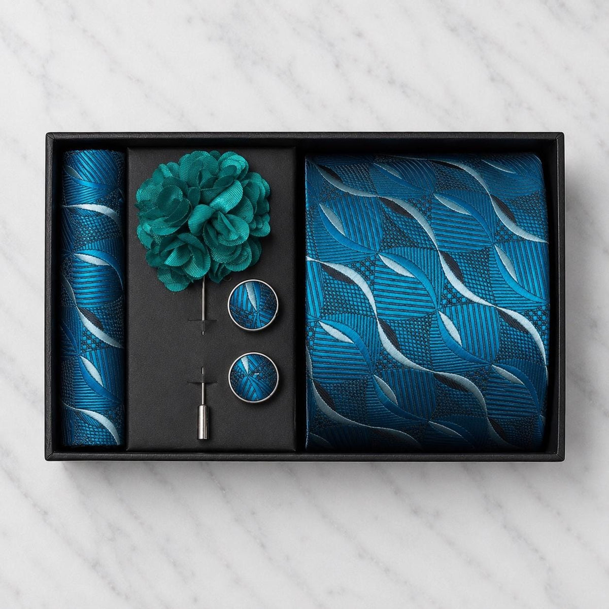 Blue Teal, Green Teal & Black Abstract Silk Tie Set / 4-Piece