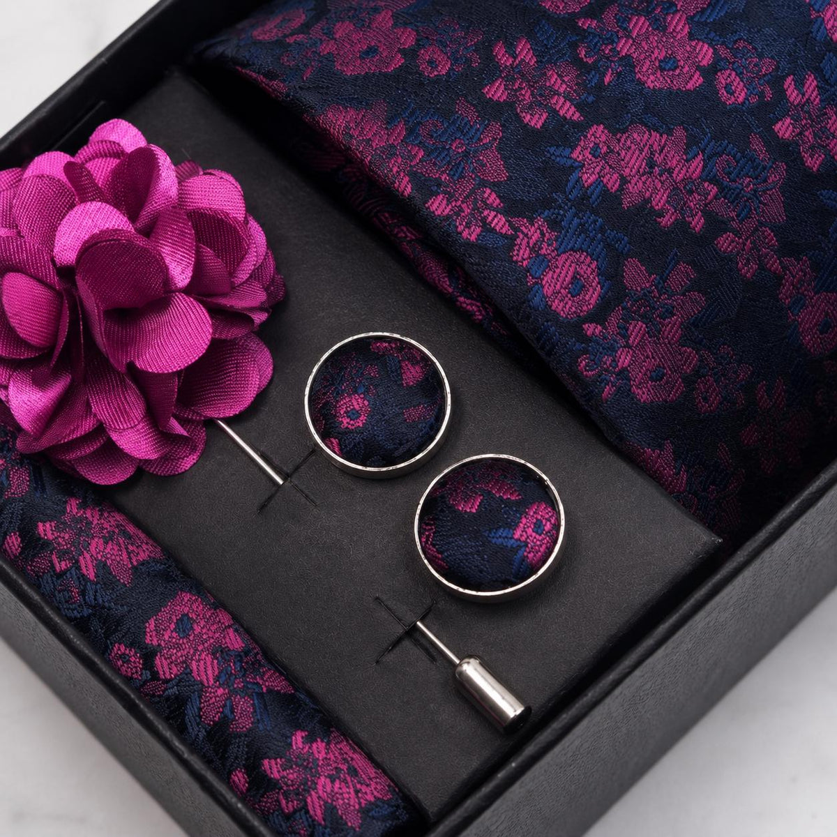 Navy Blue & Magenta Floral Silk Tie Set / 4-Piece