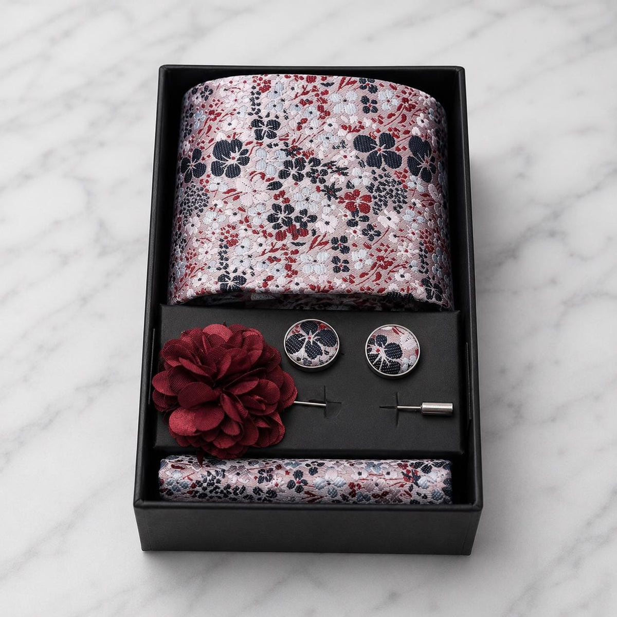White, Navy & Burgundy Floral Silk Tie Set / 4-Piece