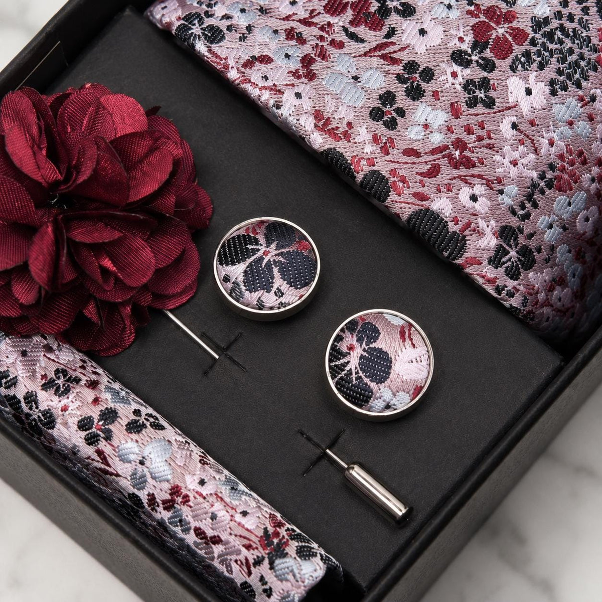 White, Navy & Burgundy Floral Silk Tie Set / 4-Piece