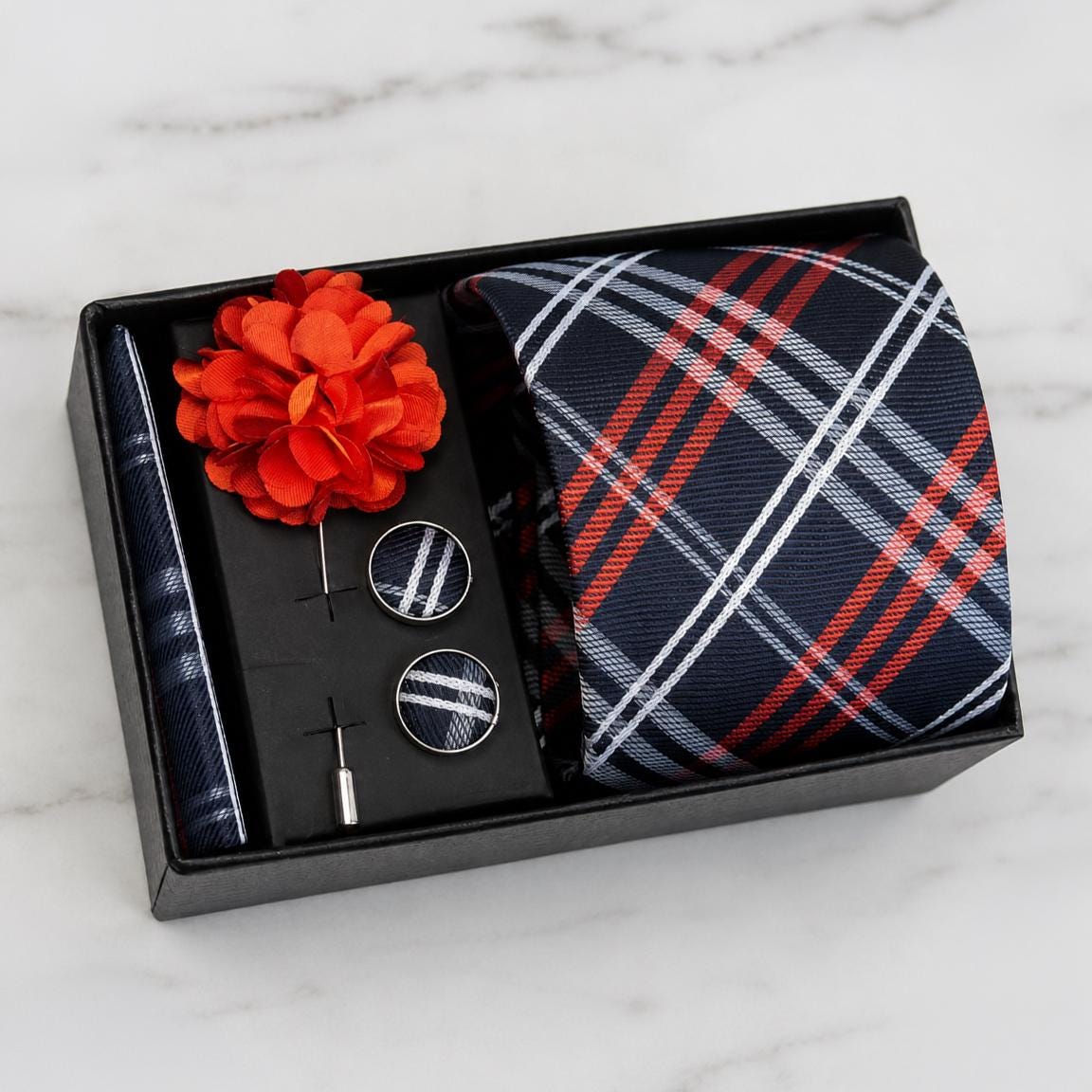 Navy Blue, Red & White Check Silk Tie Set / 4-Piece