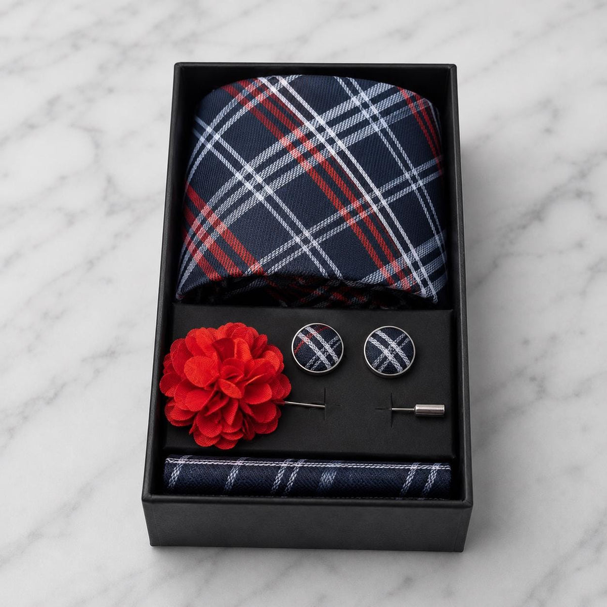 Navy Blue, Red & White Check Silk Tie Set / 4-Piece