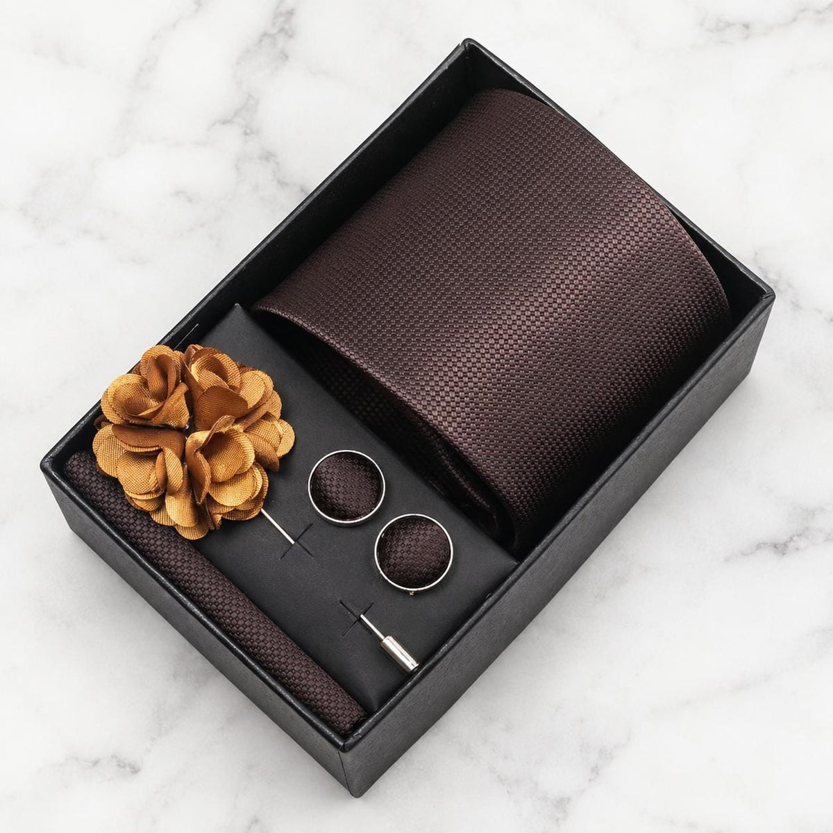 Chocolate Brown Textured Silk Tie Set / 4-Piece