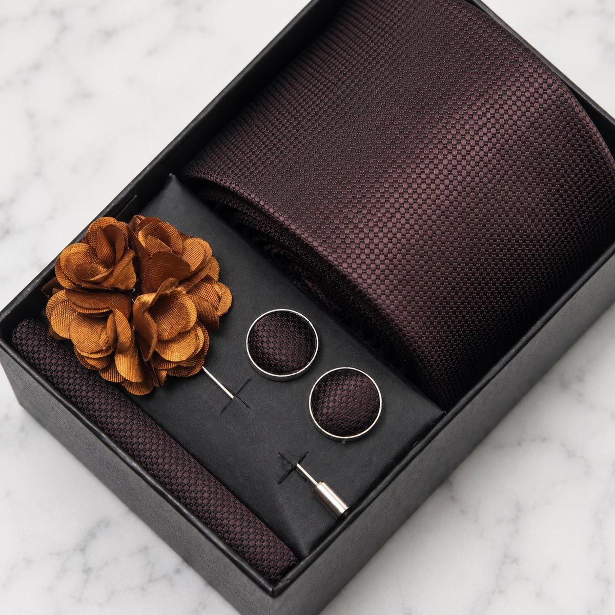 Chocolate Brown Textured Silk Tie Set / 4-Piece