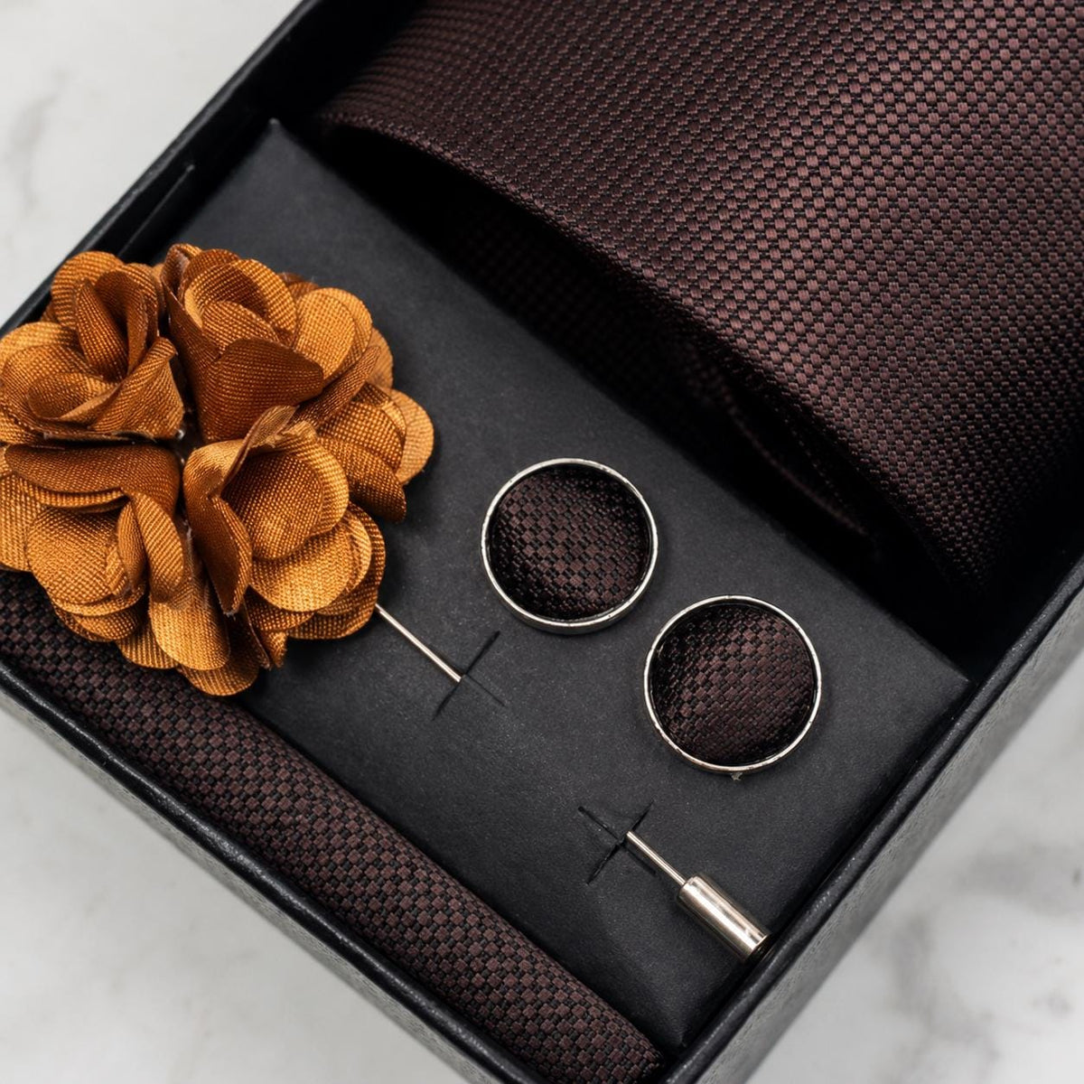 Chocolate Brown Textured Silk Tie Set / 4-Piece