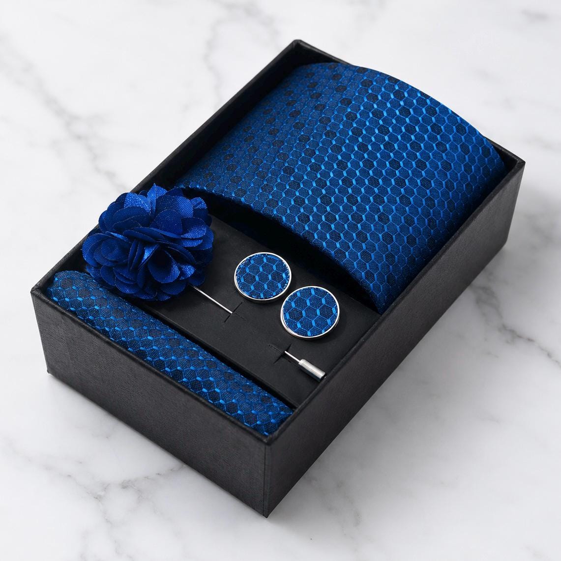Royal Blue Honeycomb Silk Tie Set / 4-Piece